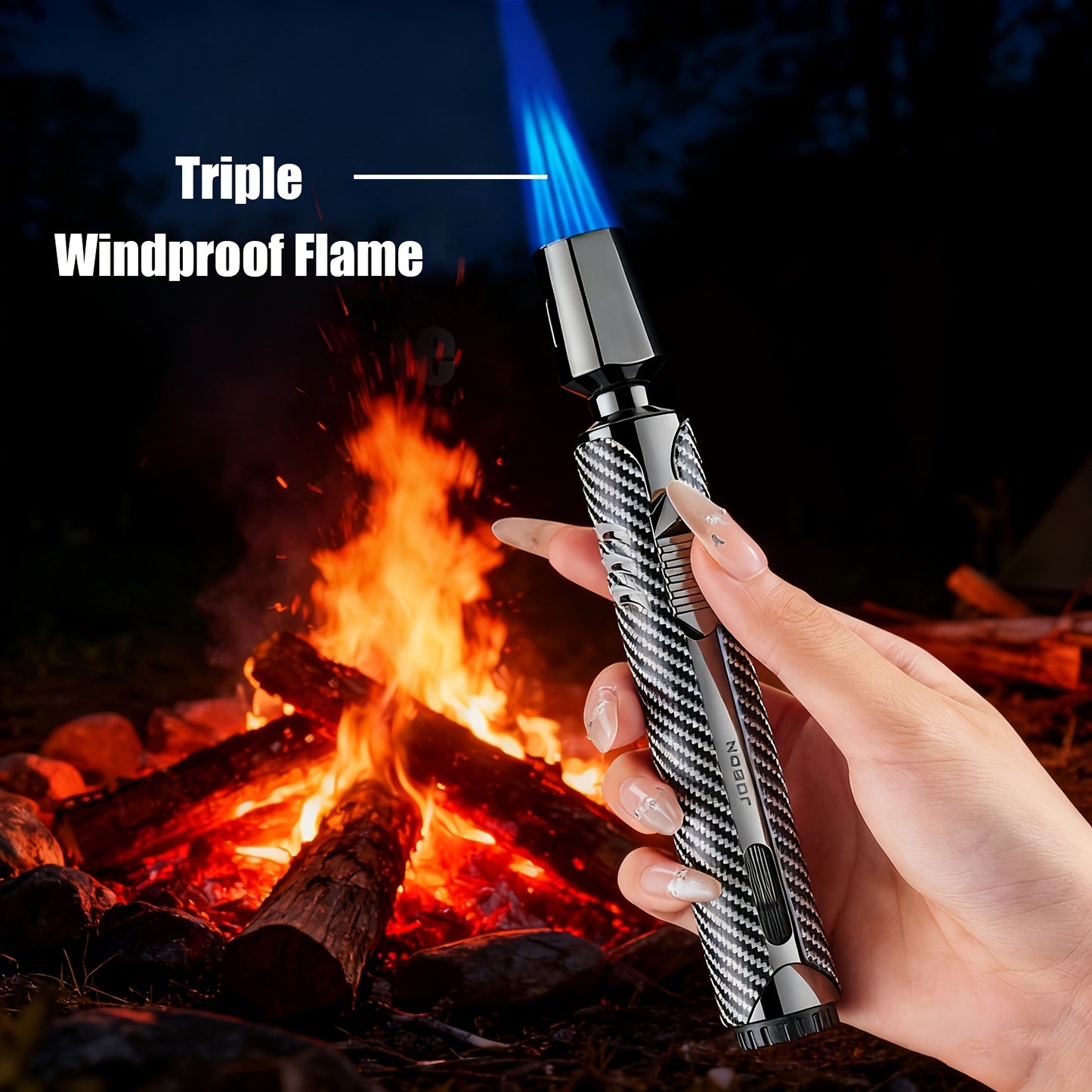 Briquet en métal, design luxueux à tube long à carreaux, poli, coupe-vent, rechargeable au butane, réglable, triple flamme bleue à jet avec réservoir visible, en alliage de zinc, plus facile à utiliser pour le camping, le barbecue, les bougies (sans gaz b