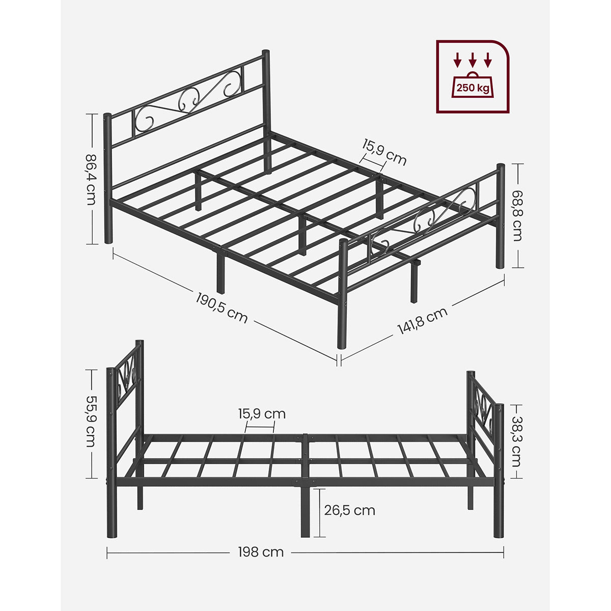 VASAGLE Structure de lit double, base de lit en métal, convient aux matelas 140 x 190 cm, à assembler, idéal pour les espaces compacts, chambre d'amis