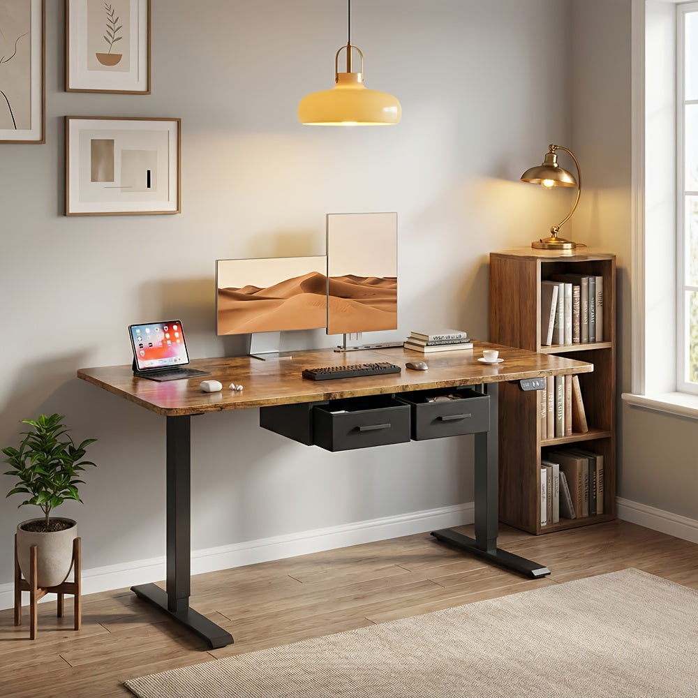 Furnishia Bureau Vertical Électrique avec Panneau Intelligent à Mémoire et 2 Tiroirs, Bureau à Hauteur Réglable avec Prises de Courant, pour Bureau d'Ordinateur à Domicile, Poste de Travail d'Écriture et Chambre à Coucher