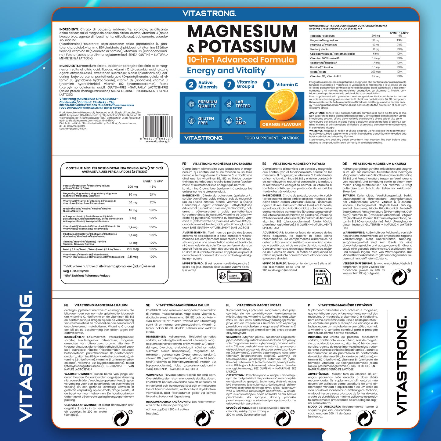 Formule Vitastrong Magnésium et Potassium 10-en-1, Bâtonnets Multivitamines Intégrateur Potassium et Magnésium 24 avec Vitamine C et Vitamines du Groupe B, Sans Saccharose, Gluten, Goût d'Orange