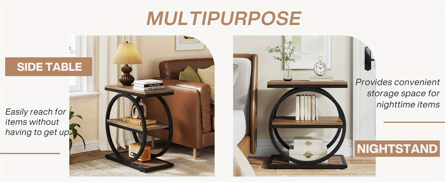 Table d'Appoint Étroite Industrielle Moderne à 3 Niveaux pour Canapé - Conception Gain de Place avec 3 Étagères de Rangement, Finition Chêne et Noir, Cadre Robuste en MDF E1 et Métal, Montage Facile pour Salon, Chambre ou Entrée