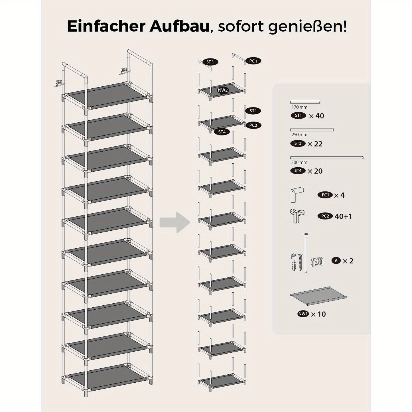 Étagère à chaussures 10 niveaux pour couloir et vestiaire, gain de place et étroite avec cadre métallique solide et polaire, pour l'entrée, la chambre, étagères amovibles, 6 kg par niveau
