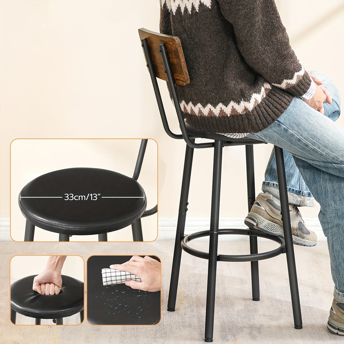 Ensemble de 2 tabourets de bar avec dossier, chaises de bar avec revêtement en cuir PU, chaises de cuisine avec repose-pieds, pour cuisine, salon, bar, montage facile, marron vintage et noir