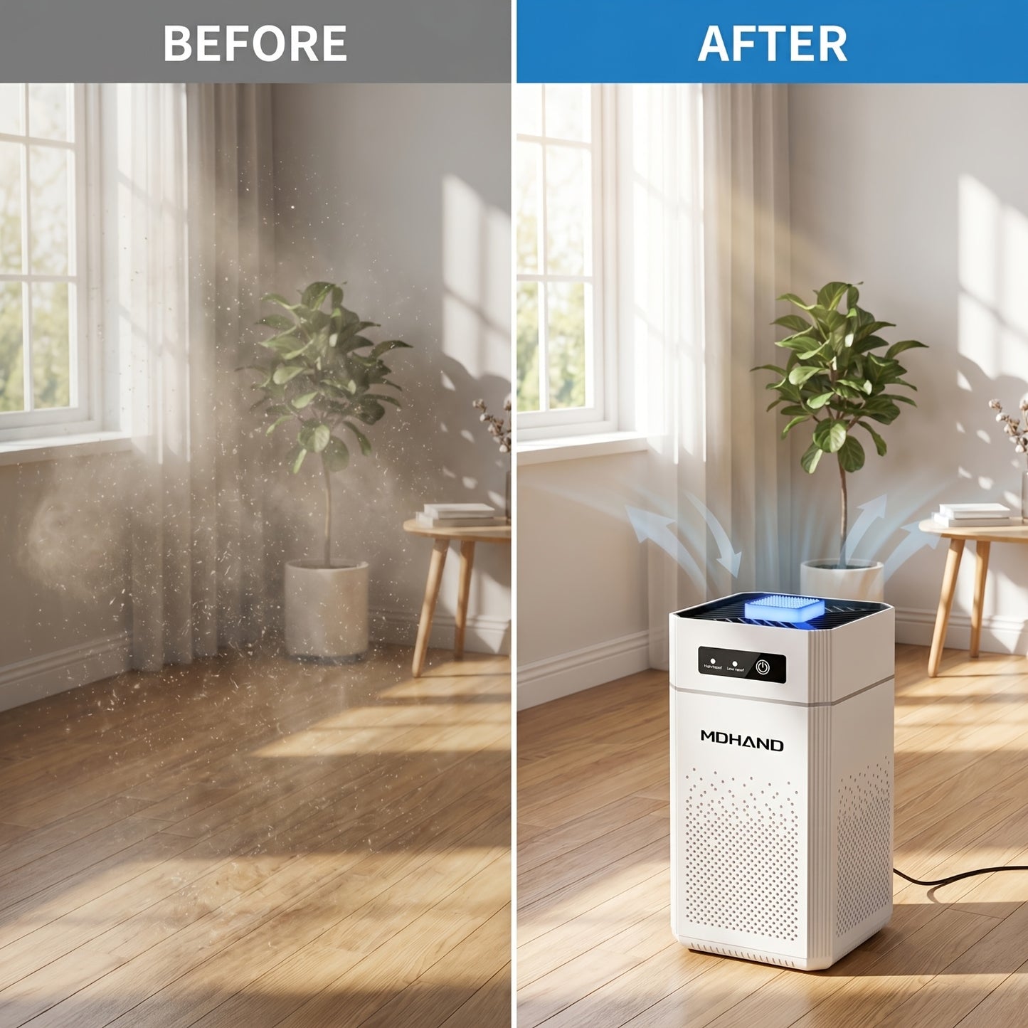Purificateur d'air portable à faible niveau sonore avec filtre HEPA, idéal pour un usage domestique. Trois vitesses réglables et élimination efficace des allergènes, de la fumée, de la poussière, des squames d'animaux et des odeurs. Parfait pour purifier