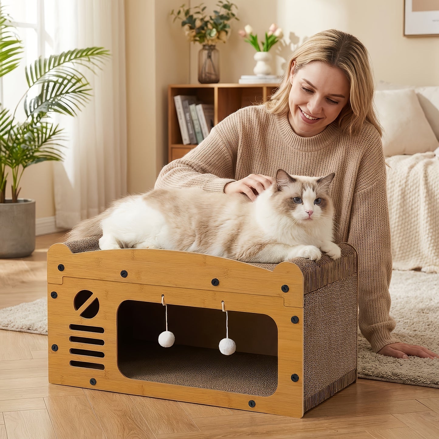 Grand griffoir lit pour chat avec jouets suspendus et coussin confortable - Carton durable, conception à plusieurs niveaux pour toutes les tailles de chats, cadeau d'été parfait pour les amoureux des chats, griffoir | Fauteuil décoratif | Construction rob