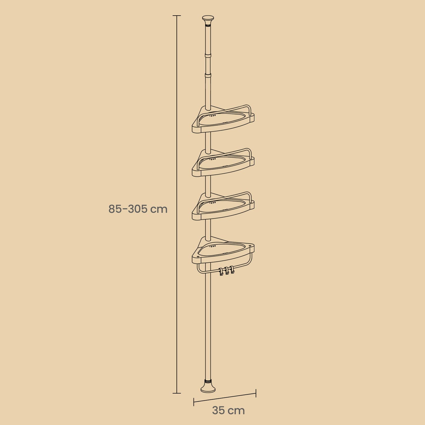 Étagère de Douche Réglable en Hauteur, 4 Niveaux, Hauteur 85 à 305 cm, Rangement de Salle de Bain