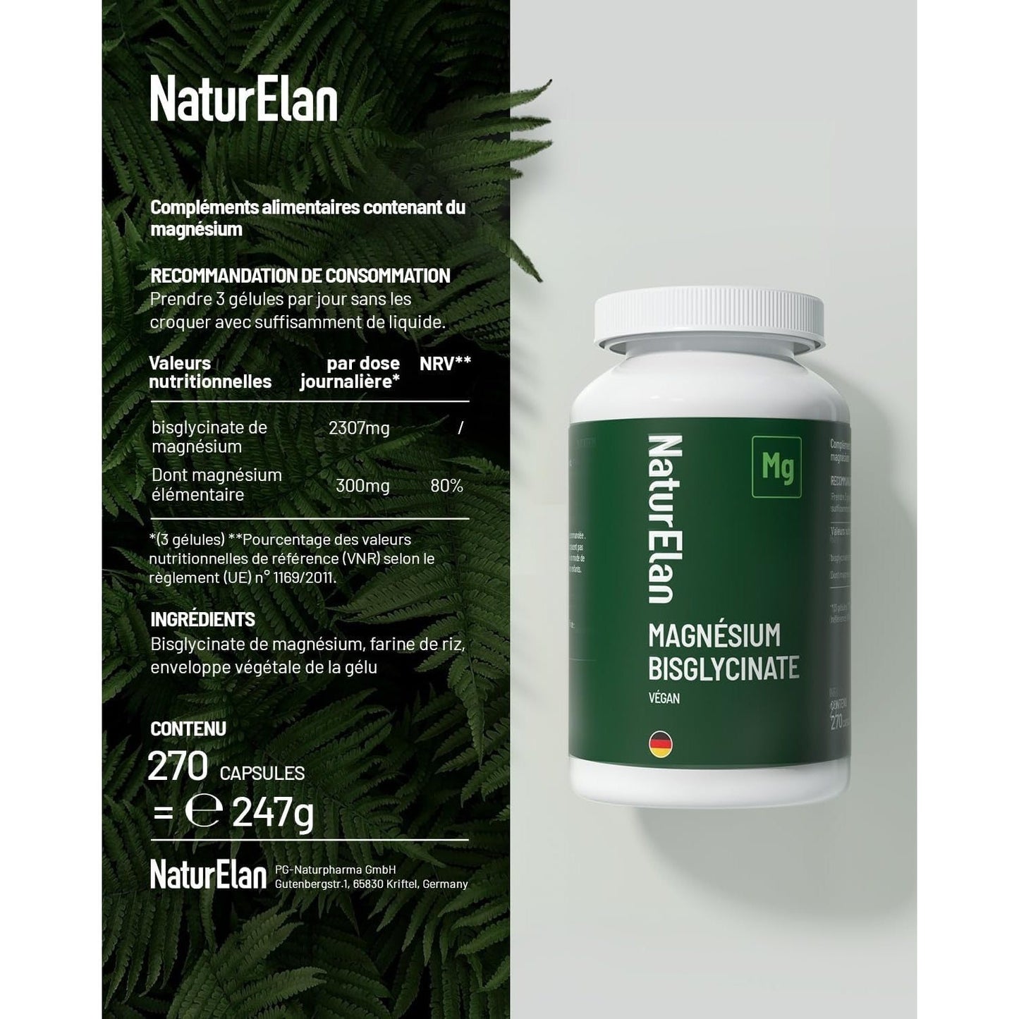 Bisglycinate de Magnésium - Premium : Magnésium Chélaté - 270 Gélules - 300 mg de Magnésium Élémentaire par Dose Quotidienne - Végan, Haute Dosage
