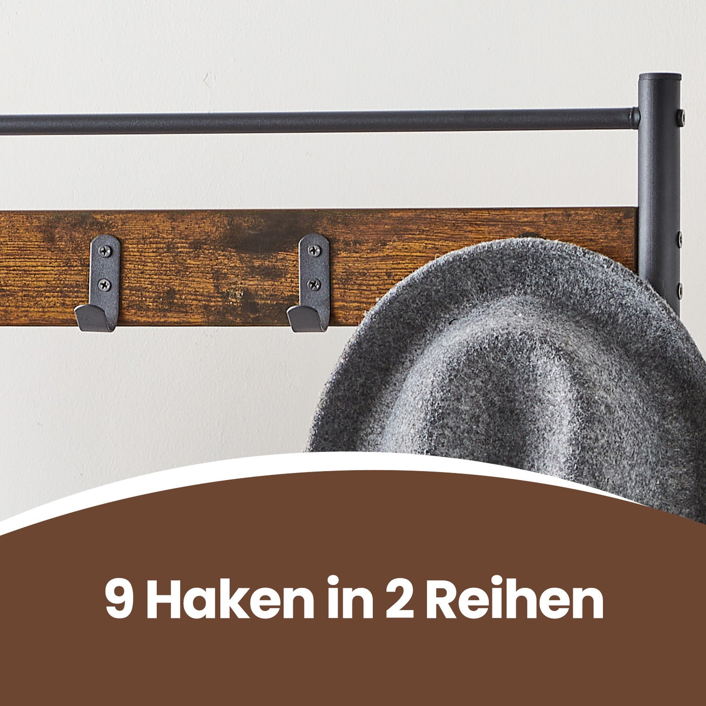 Porte-Manteau, Arbre à Hall avec Banc de Rangement pour Chaussures, 32 x 70 x 175 cm, Style Industriel, Marron Rustique et Noir