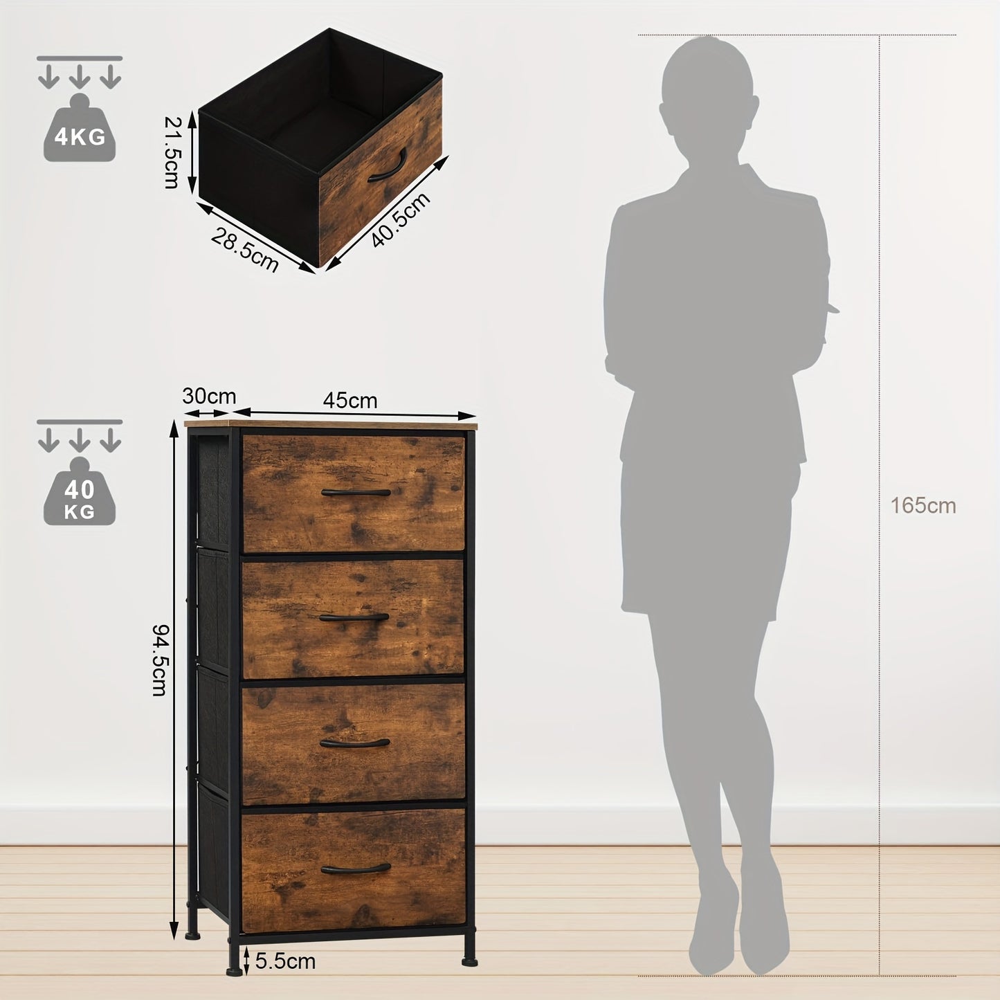 1 tiroir étroit, commode avec 4 tiroirs en tissu, buffet coffre de rangement pour chambre à coucher, salon, couloir, style industriel, brun vintage noir