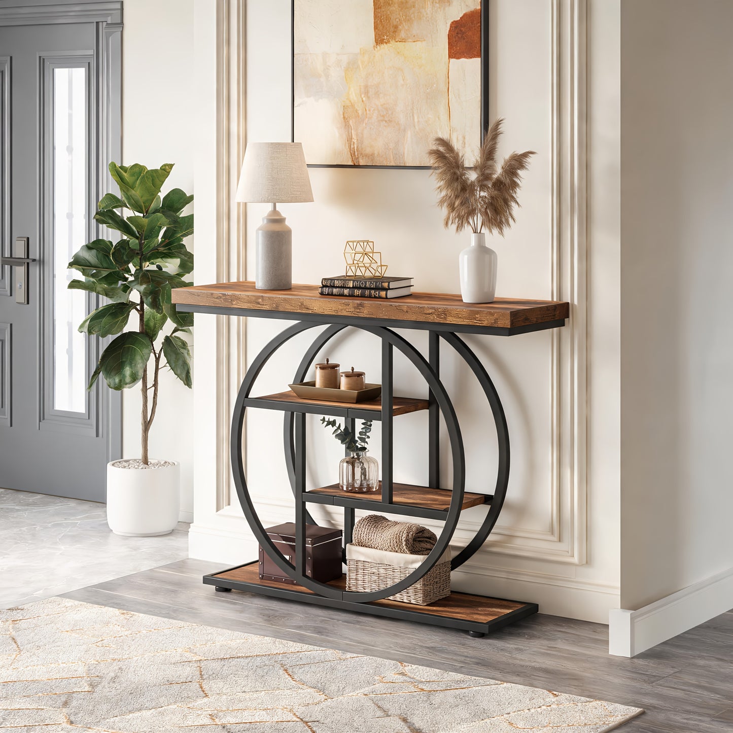 Table Console Moderne à 4 Niveaux avec Base Circulaire, Table d'Entrée Étroite en Bois avec Étagères de Rangement pour Salon, Couloir, Entrée