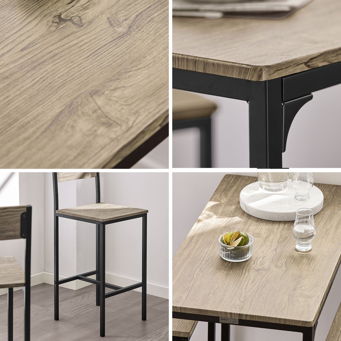 Table Haute Table de Cuisine Table de Salle à Manger Ensemble Repas Bistrot Avec 2 Chaises 1 Table 2 Places Chaises Rangement Sous Table Pour Cuisine Salle à Manger Balcon Salon Décor Bois Naturel 89x87x45cm SoBuy PHU14-O