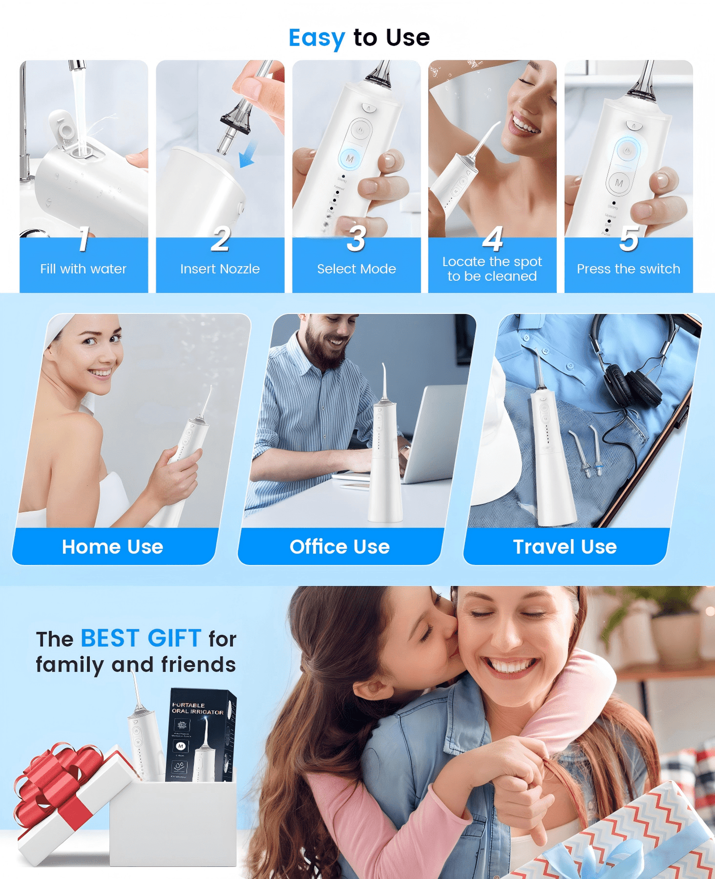 Irrigateur Buccal Portable Rechargeable, Hydropulseur Dentaire, Irrigateur Dentaire Professionnel sans Fil 8 Buses 5 Modes, IPX7 Étanche 300ML pour le Nettoyage des Dents, Maison & Voyage