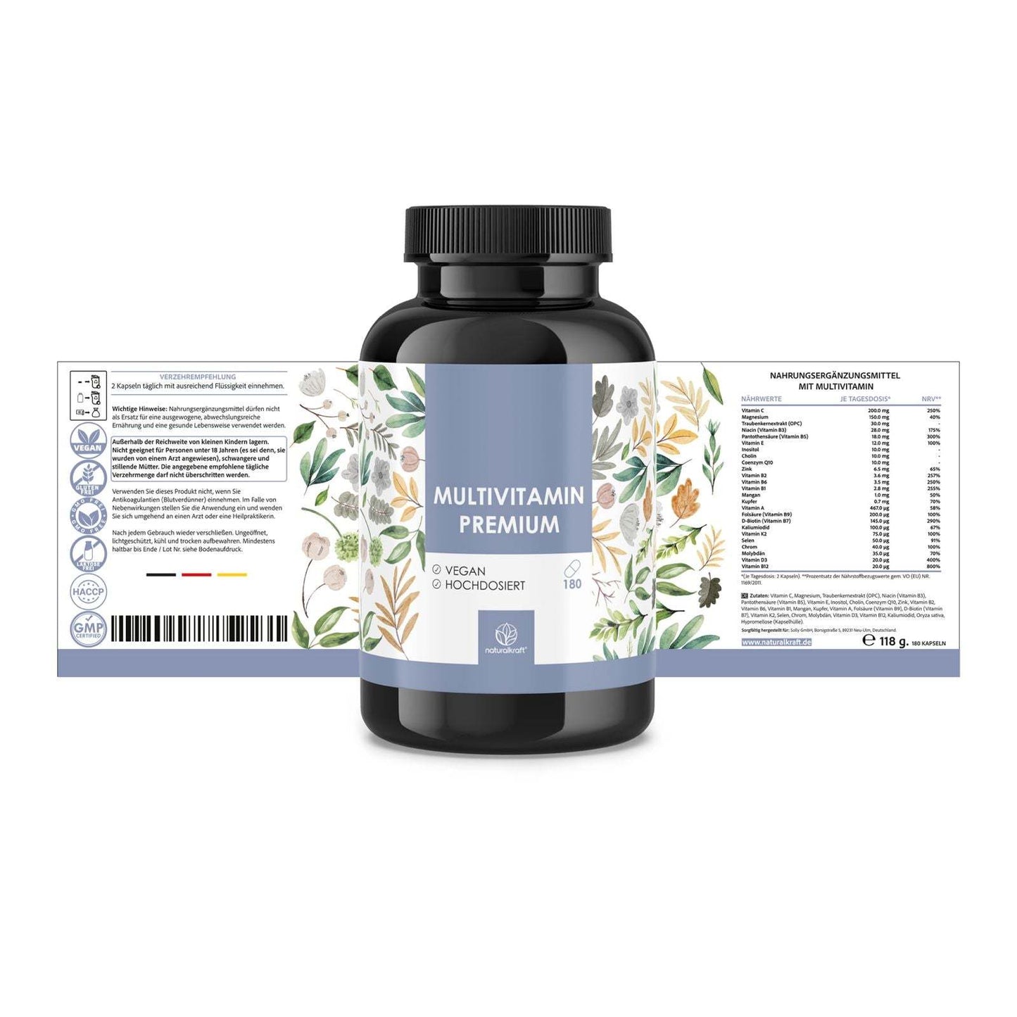 NATURALKRAFT® Multivitamines Premium - Complexe A-Z à haute dose, 180 capsules véganes avec vitamines et minéraux essentiels, incluant la vitamine C, D3, B12, le zinc, le magnésium et les OPC - Testé en laboratoire