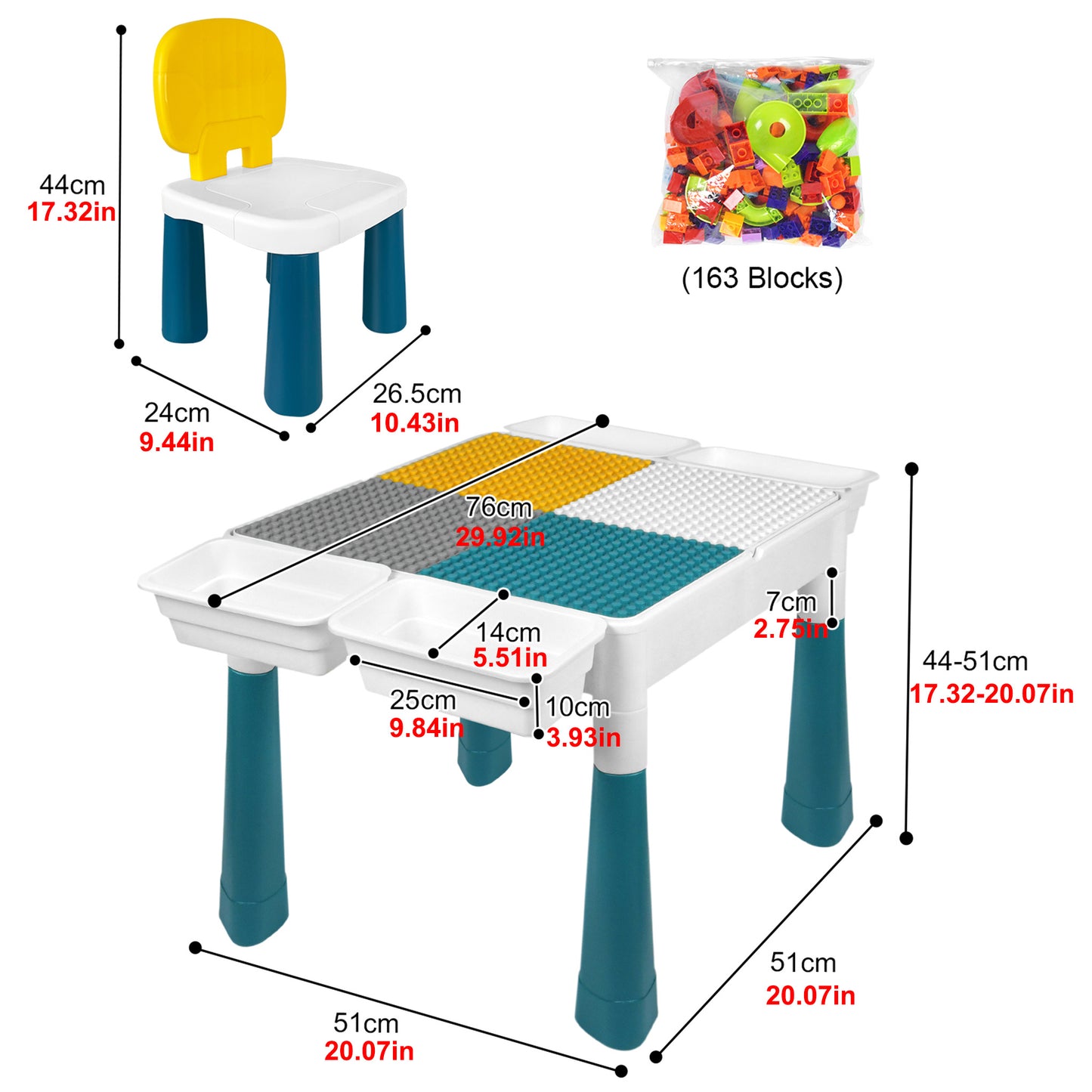 Table de jeu d'activité, Ensemble de table d'activité multifonctionnelle, Ensemble de table et de chaises de blocs de construction, Table d'artisanat de chambre, Table d'étude, avec 2 chaises et 163 blocs de construction