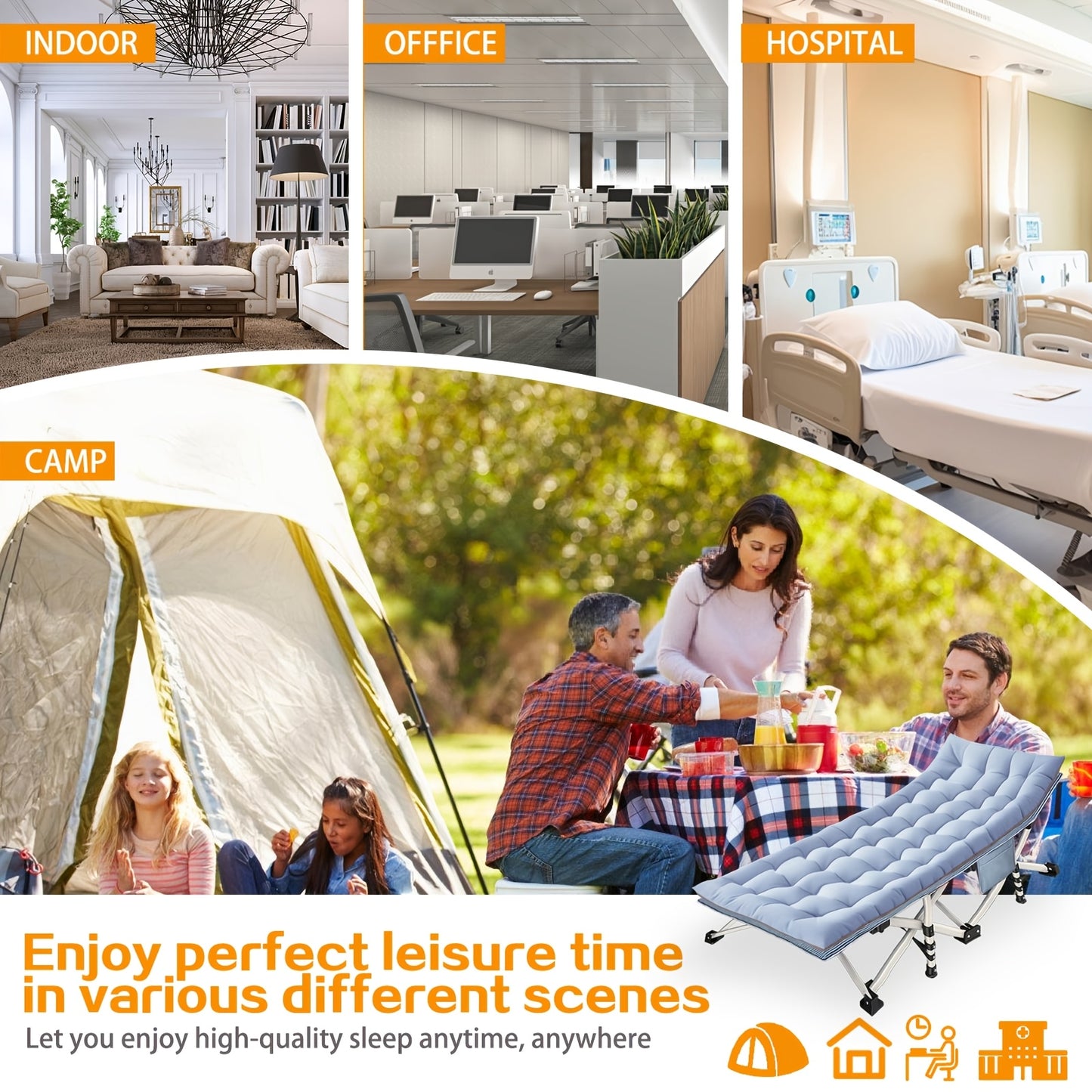 Lit de camping pliable portable XXL mesurant 200 cm par 190 cm, avec un matelas amovible et capable de supporter des poids de 300 kg à 400 kg. Il n'a pas besoin d'installation et est idéal pour une utilisation en extérieur, le camping, les tentes, les bur