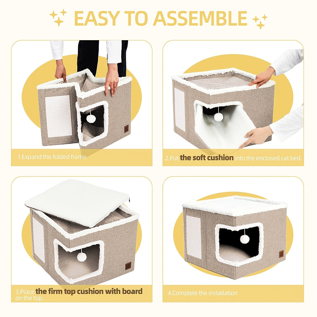 Maison pour chat avec lits à 2 niveaux, tunnel de jeu, canapé pliable, griffoir et balle suspendue en peluche - Cadre en nylon durable, toile douce, conception fermée toutes saisons, cube de lit pour chat d'intérieur facile à assembler, unité de divertiss