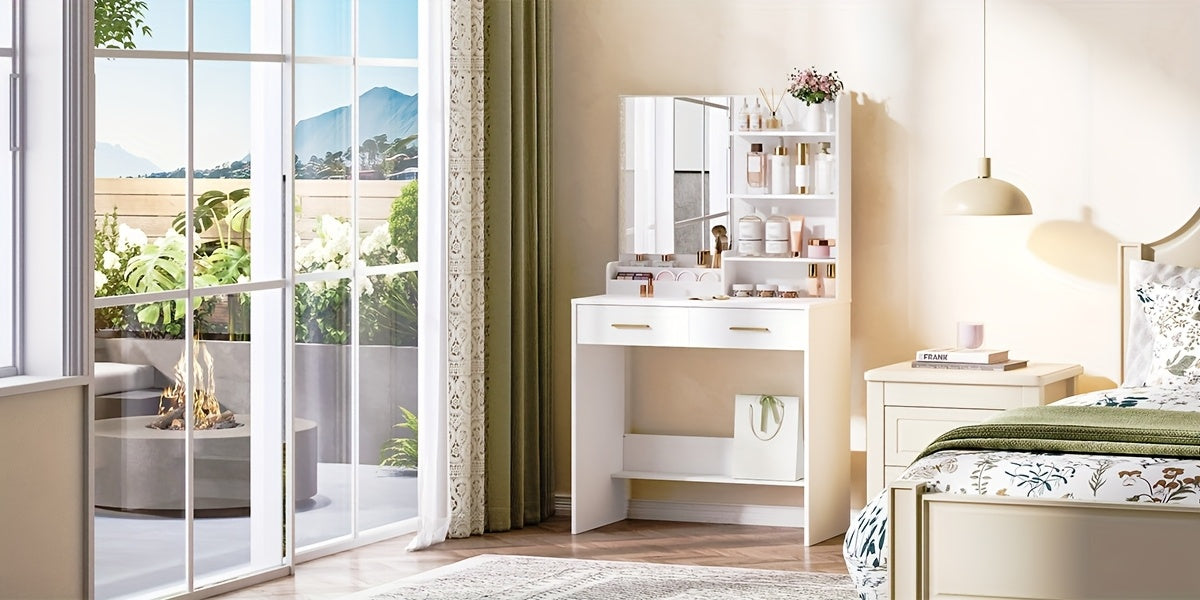 Bureau à vanité avec miroir, un meuble avec quatre étagères ouvertes et deux compartiments, ainsi que deux tiroirs, idéal pour la chambre ou le salon, couleur blanc