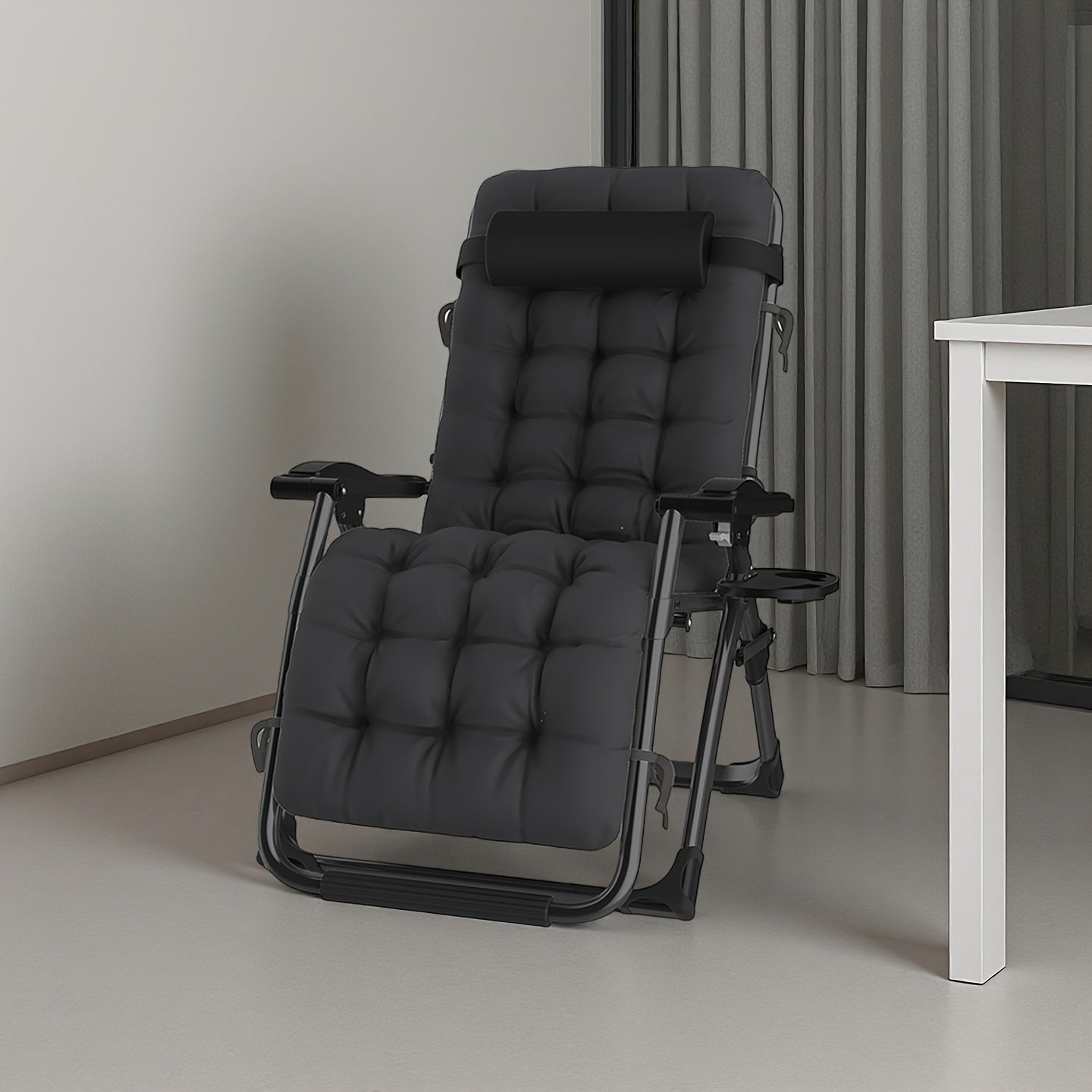 Chaise longue de détente zéro gravité surdimensionnée, 72 cm extra large, inclinable pliable et réglable, capacité de 500 lbs/200 kg, coussin détachable en coton doux avec appui-tête, porte-gobelet, noir gris, pour jardin, terrasse, balcon, patio extérieu