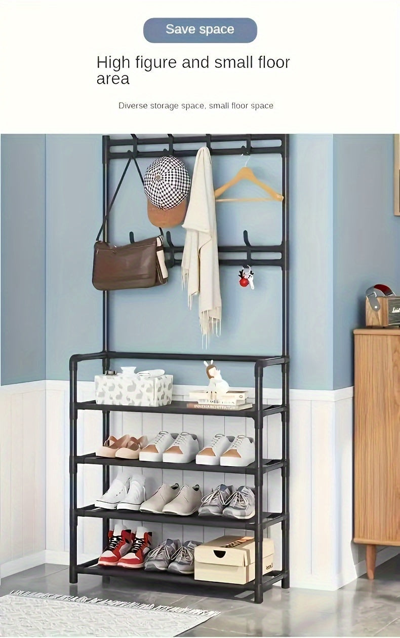 Étagère à chaussures métallique indépendante avec 8 crochets - Étagère d'organisation d'entrée multicouche avec étagères et crochets à manteau - Arbre d'entrée multifonctionnel sans électricité pour ranger les sacs, parapluies, chapeaux et chaussures