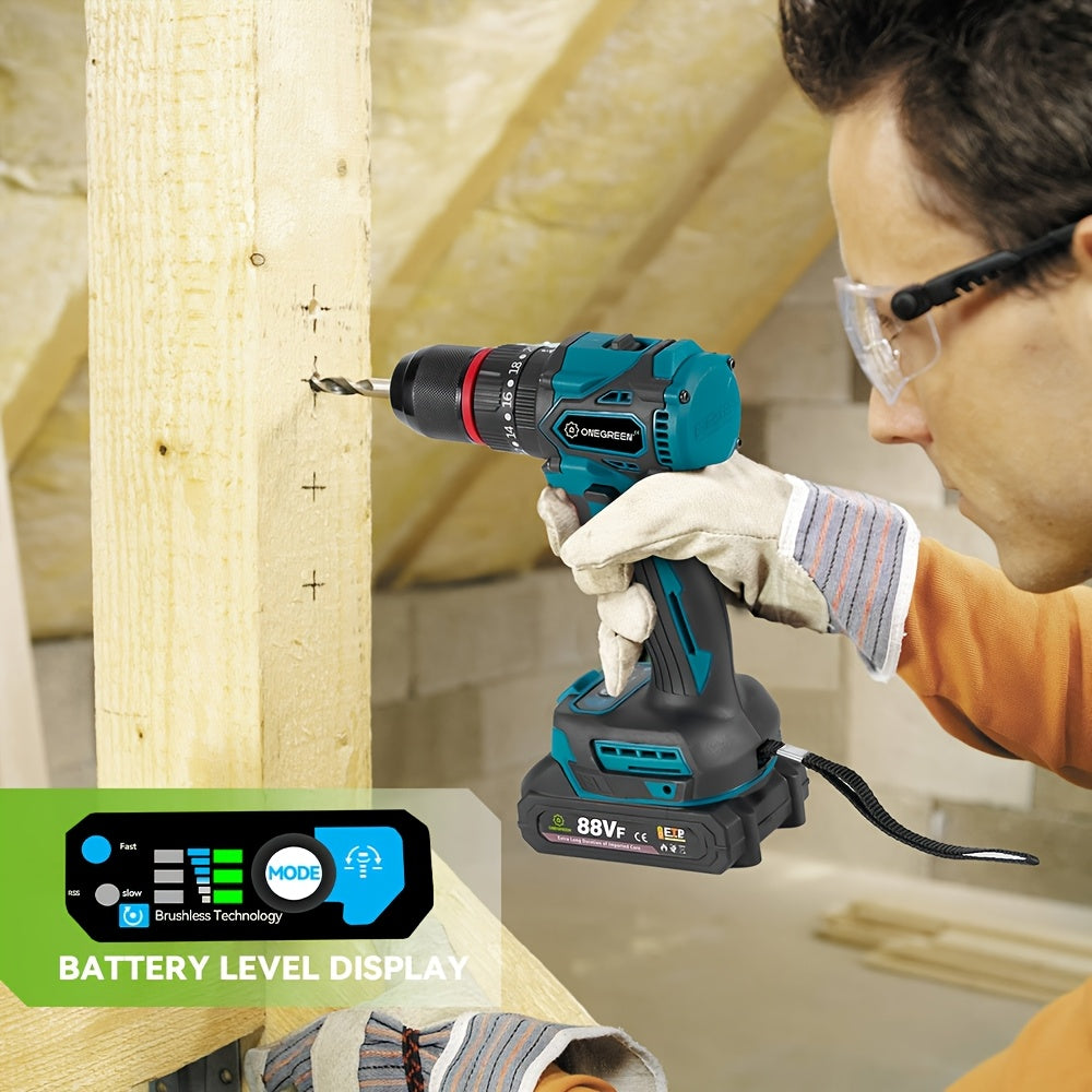 Perceuse Sans Fil Puissante - Moteur Sans Balais 1000W, 25 Vitesses, Multifonction (Visseuse/Perceuse/Marteau Perforateur) pour Bois, Mur, Béton, Vitesse Variable et Prise Type