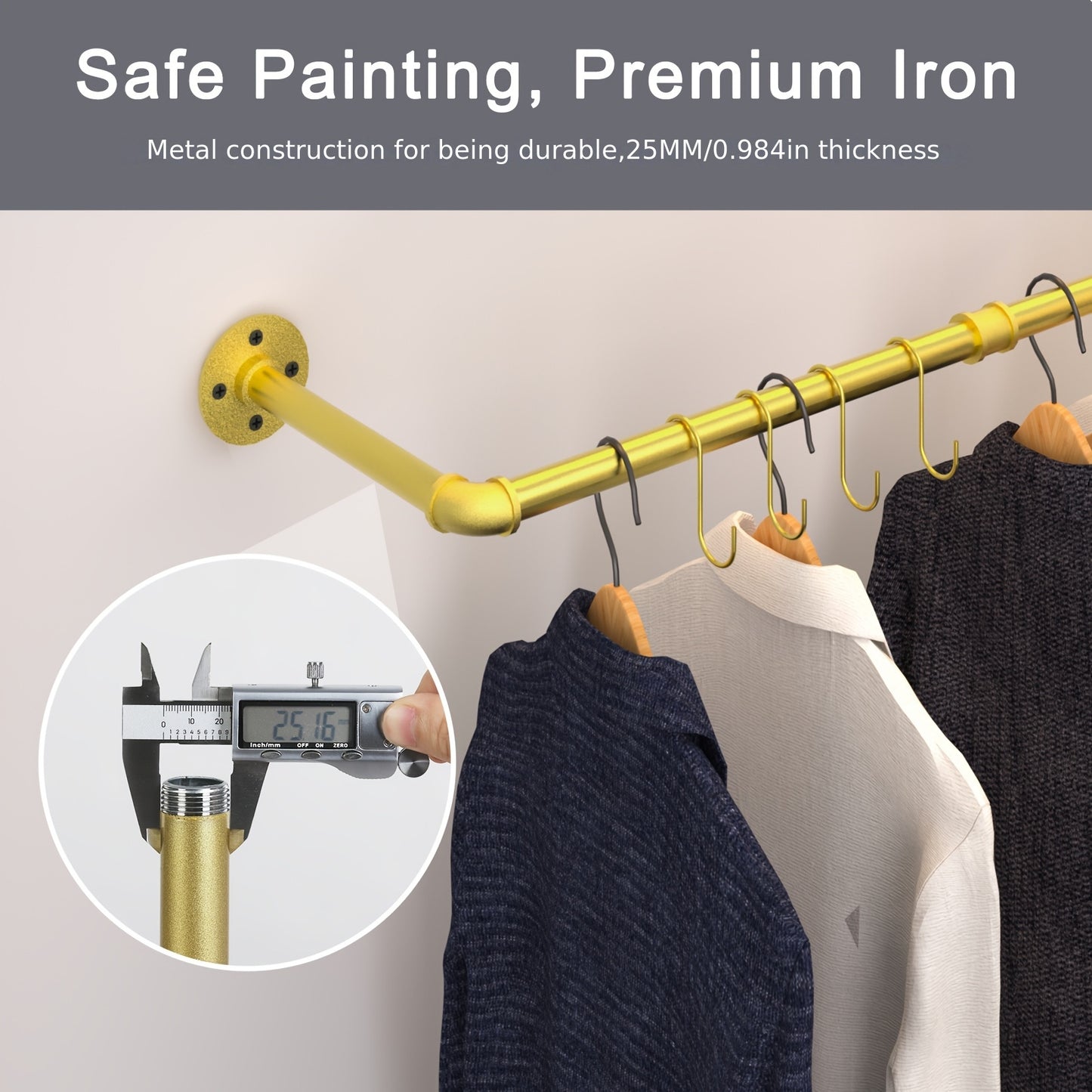 Portant à vêtements tubulaire industriel : Portant mural pour vêtements avec barre de suspension amovible pour chambre, magasin de détail