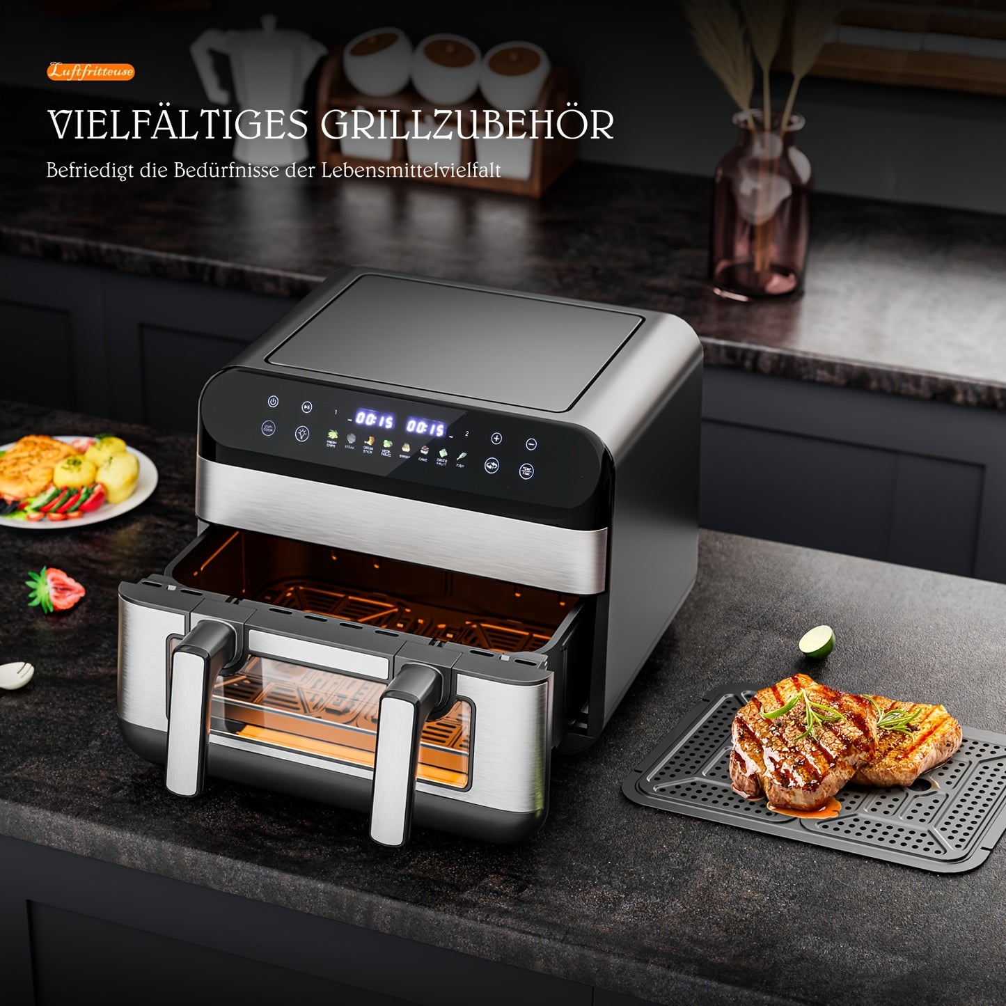 Friteuse à air 10L avec fenêtres d'affichage faciles - Friteuse à air XXL 8 en 1 avec panier flexible, séparateur pour double cuisson, finition synchronisée, panier lavable au lave-vaisselle, double friteuse à air numérique - Noir