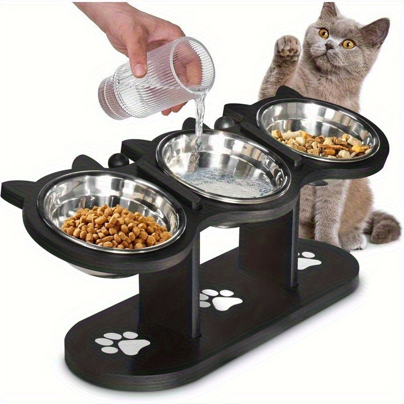 Ensemble de Gamelle surélevée pour Chat avec 4 Bols en Acier Inoxydable - Gamelle Inclinée à 15°, Hauteur Réglable avec Support Noir, Cadeau Idéal pour les Propriétaires d'Animaux