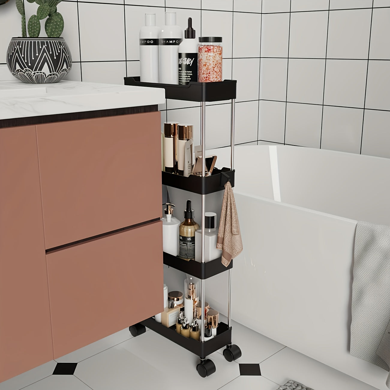 Chariot Roulant 4/3 Niveaux, Chariot de Rangement Étroit pour Cuisine avec 4/3 Niveaux, Chariot de Cuisine Multifonctionnel, Fin avec 4 Crochets, Roue Universelle à 360° pour Bureau, Salon