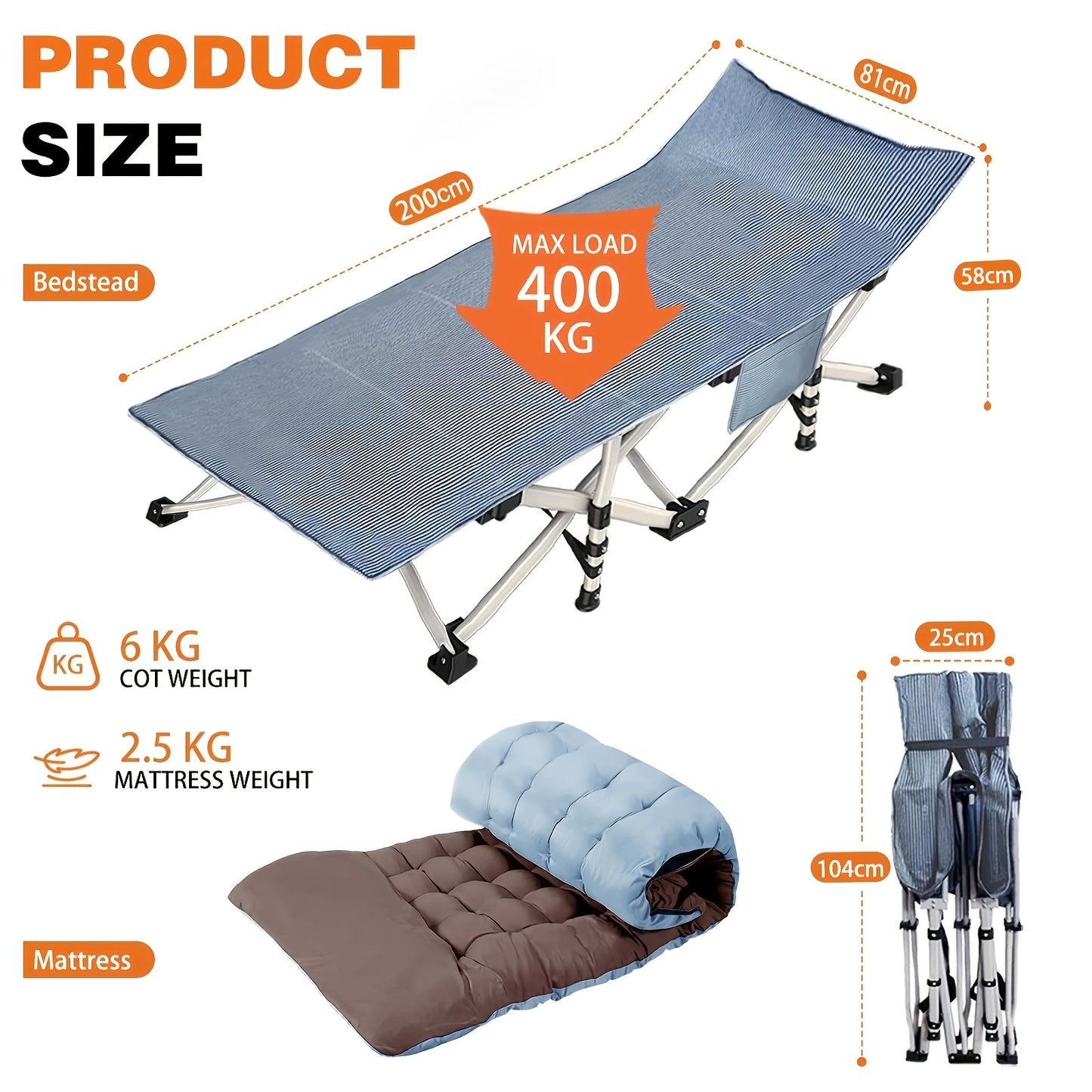 Lit de camping pliant XXXL avec matelas épais - Cadre de lit d'extérieur portable robuste, 190 cm x 68 cm x 35 cm - 200 cm x 81 cm x 45 cm, grande taille pour le camping, la chasse, la plage, le jardin, le camping-car, la cour - Idéal pour les adultes et