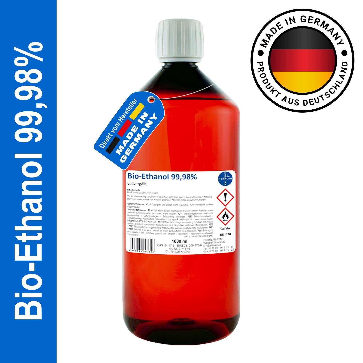 Bio-éthanol, 99,98 % d'alcool, pur, sans eau I 1000 ml I Qualité HERRLAN I Fabriqué en Allemagne