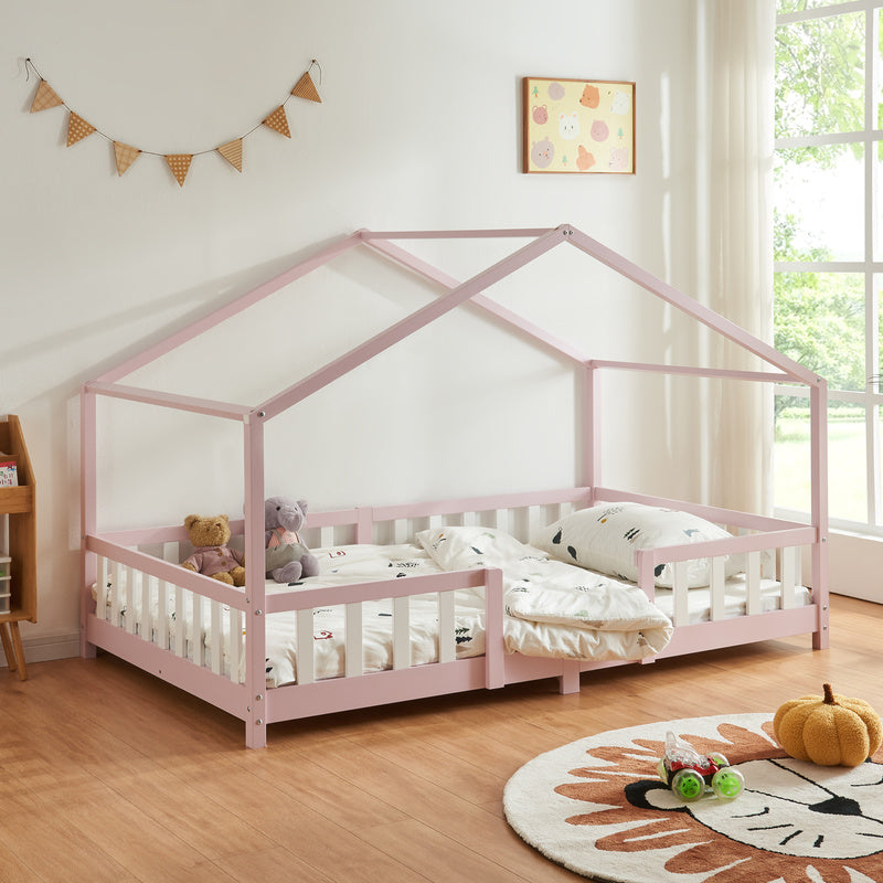 Lit pour enfants Treviolo de style maison avec protection contre les chutes en bois de pin