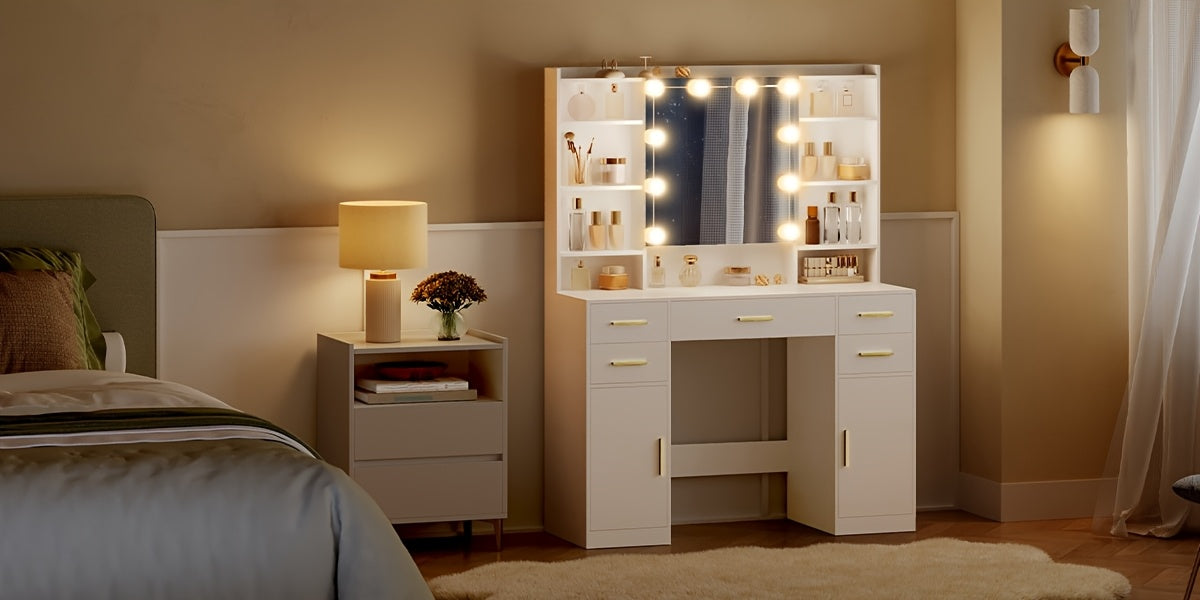 Table de Toilette avec Miroir, Équipée de 10 Lumières LED, Luminosité Réglable, 5 Tiroirs, 2 Meubles, et 9 Étagères Ouvertes, Incluant des Étagères Disposées, Convient pour une Chambre à Coucher, Mesurant 40 × 108 × 144 Cm, en Blanc