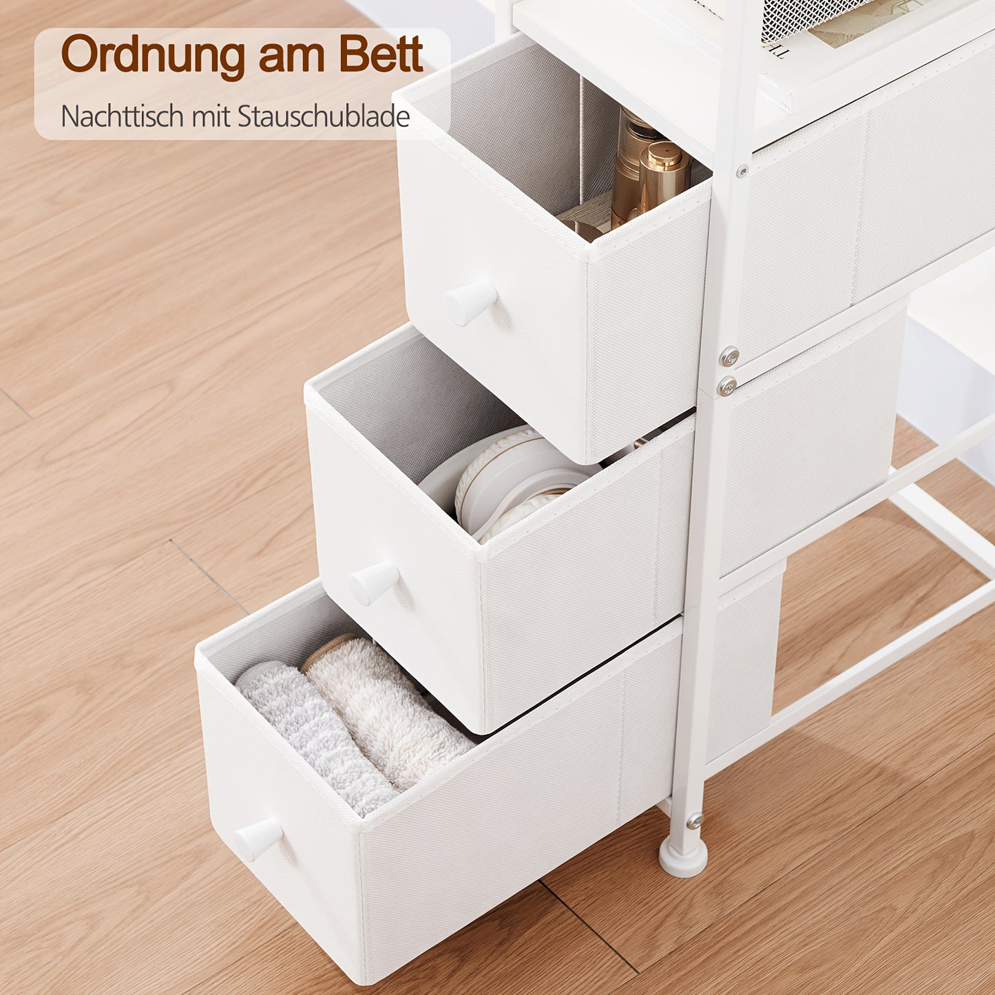 AMHANCIBLE 2 tables d'appoint étroites avec 3 tiroirs en tissu, étagère de rangement ouverte avec bande lumineuse et station de charge pour petits espaces, cadre en métal