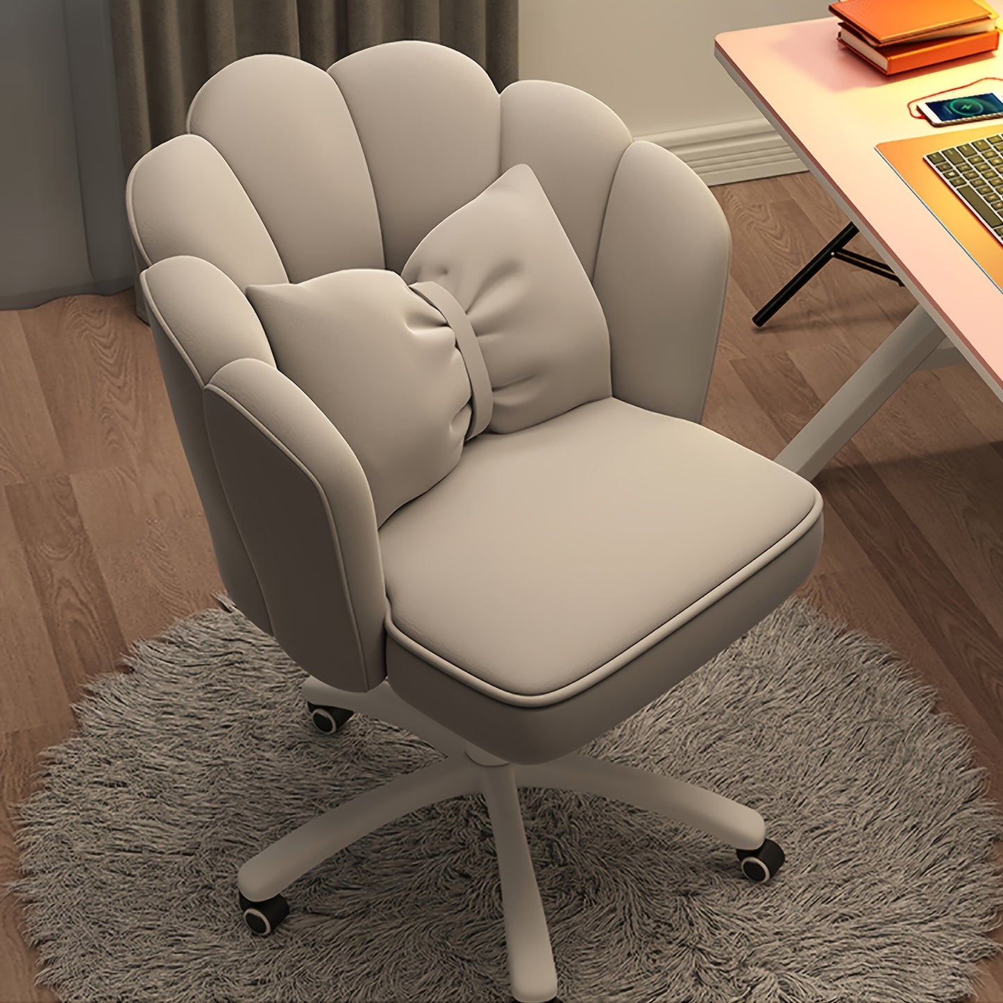 Chaise de bureau avec accent nœud, tabouret de coiffeuse en velours, chaise pivotante à dossier pétale avec roulettes, chaise de travail pour chambre et bureau, installation simple