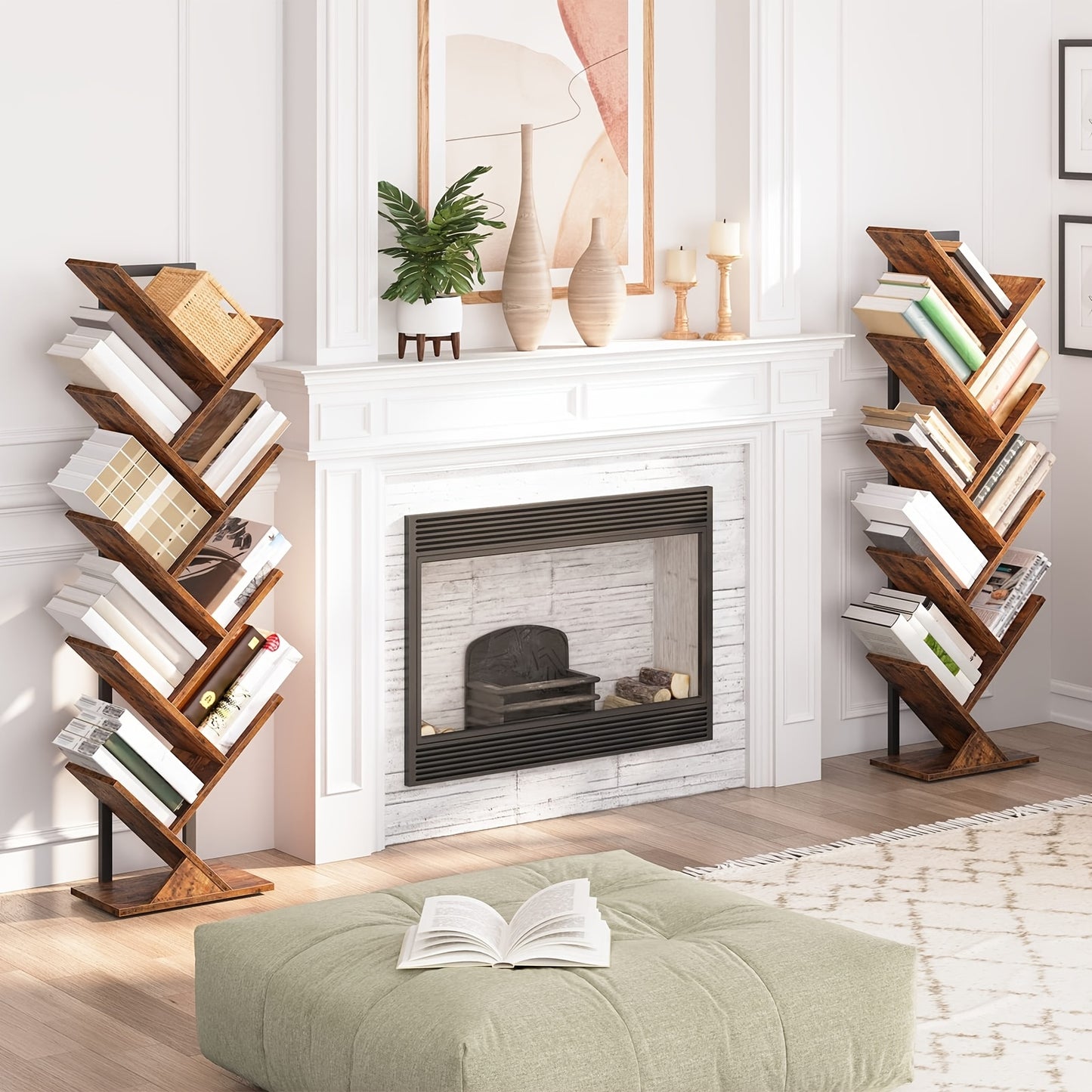 Étagère, Bibliothèque verticale à 9 niveaux, Support DVD en bois, Forme d'arbre, Cadre en métal, Convient pour salon, bureau, chambre à coucher, Marron vintage