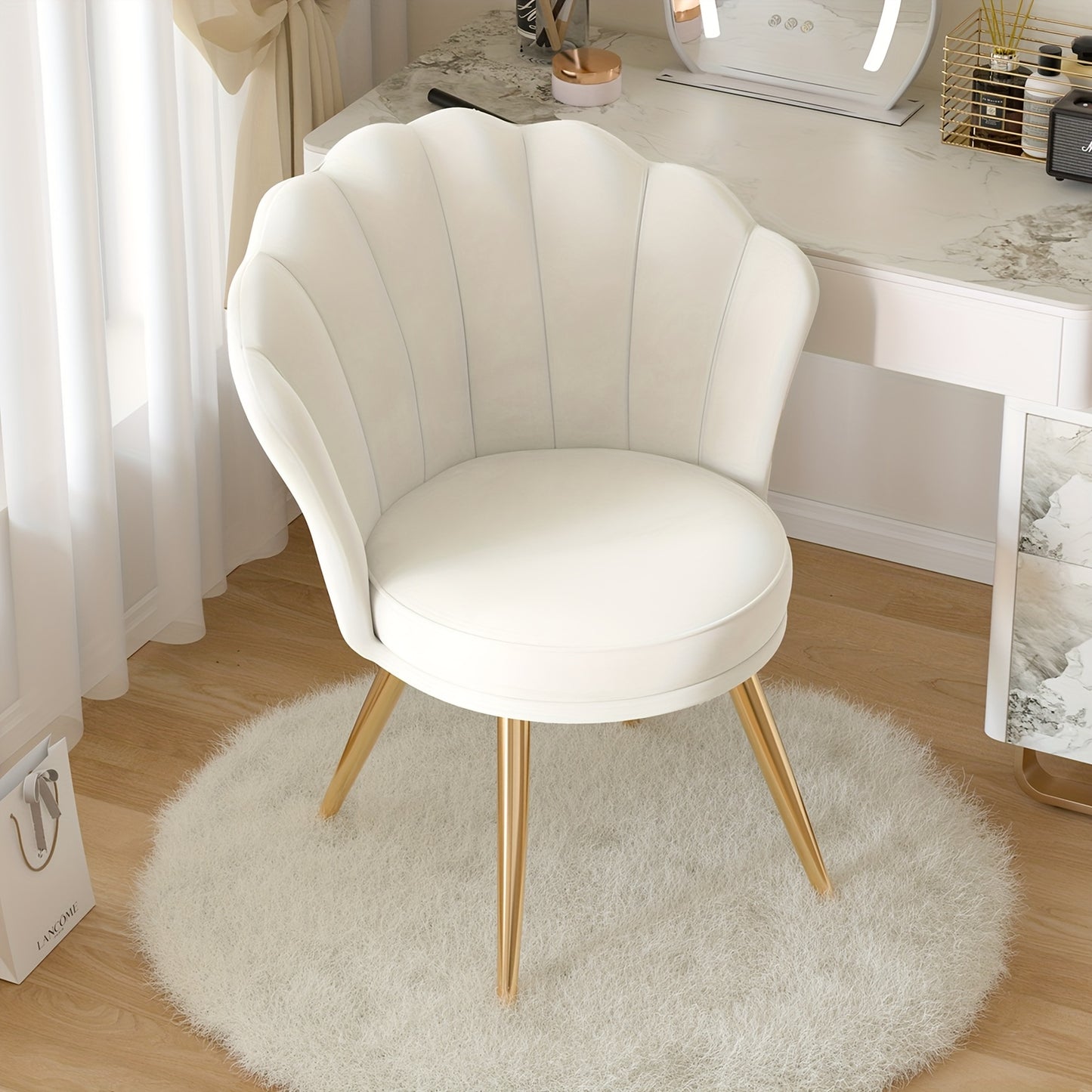 Fauteuil d'appoint moderne en velours avec dossier, chaise de coiffeuse rembourrée pour salle de maquillage, chaise d'appoint de maquillage, chaise de bureau avec pieds en métal doré pour chambre et salon