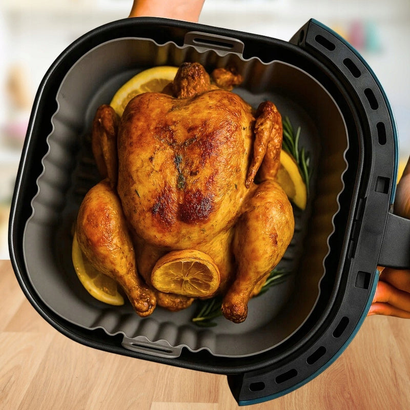 Insert en silicone pour friteuse à air 17×17 cm • Panier flexible pour friteuse à air avec poignées • Résistant à la chaleur jusqu'à 220°C • Antiadhésif, réutilisable • Pour friteuse à air, four et micro-ondes • Plats croustillants sans huile • Facile à n