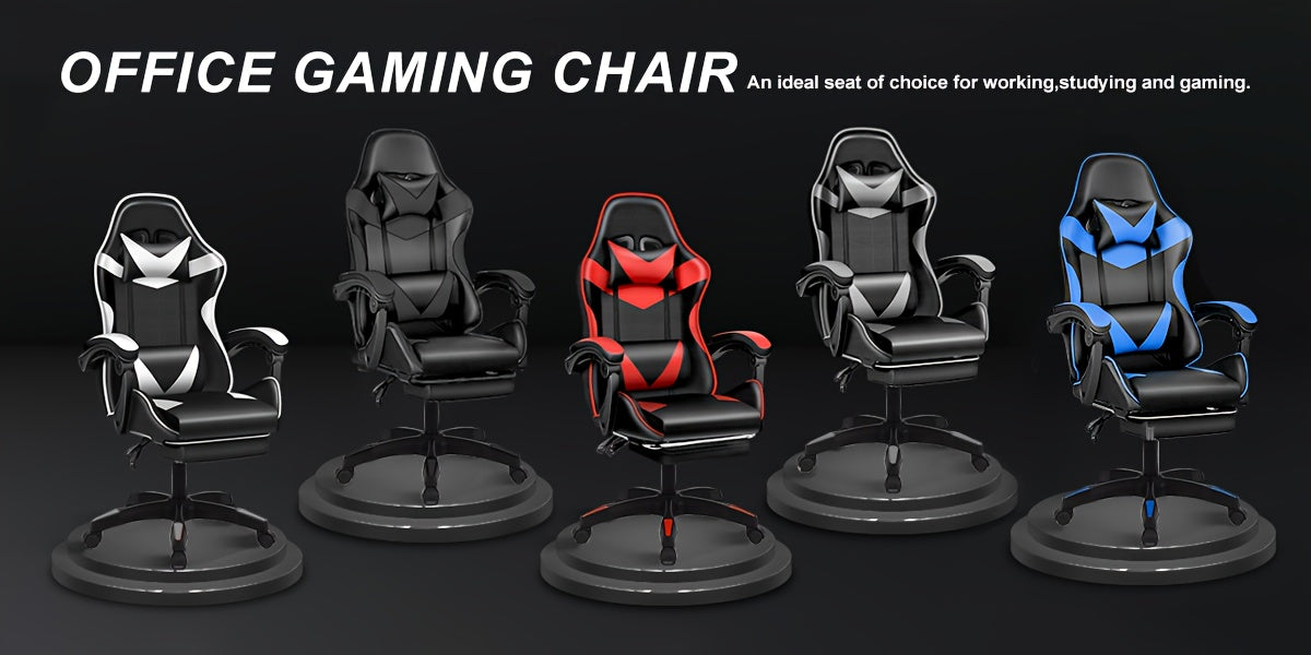Fauteuil de gaming ergonomique avec repose-pieds - Fauteuil inclinable robuste à hauteur réglable, pivotant à 360° et avec support lombaire, mécanisme d'inclinaison manuel, options de couleur noir/rouge/blanc, texture imitation, rembourrage en mousse et c