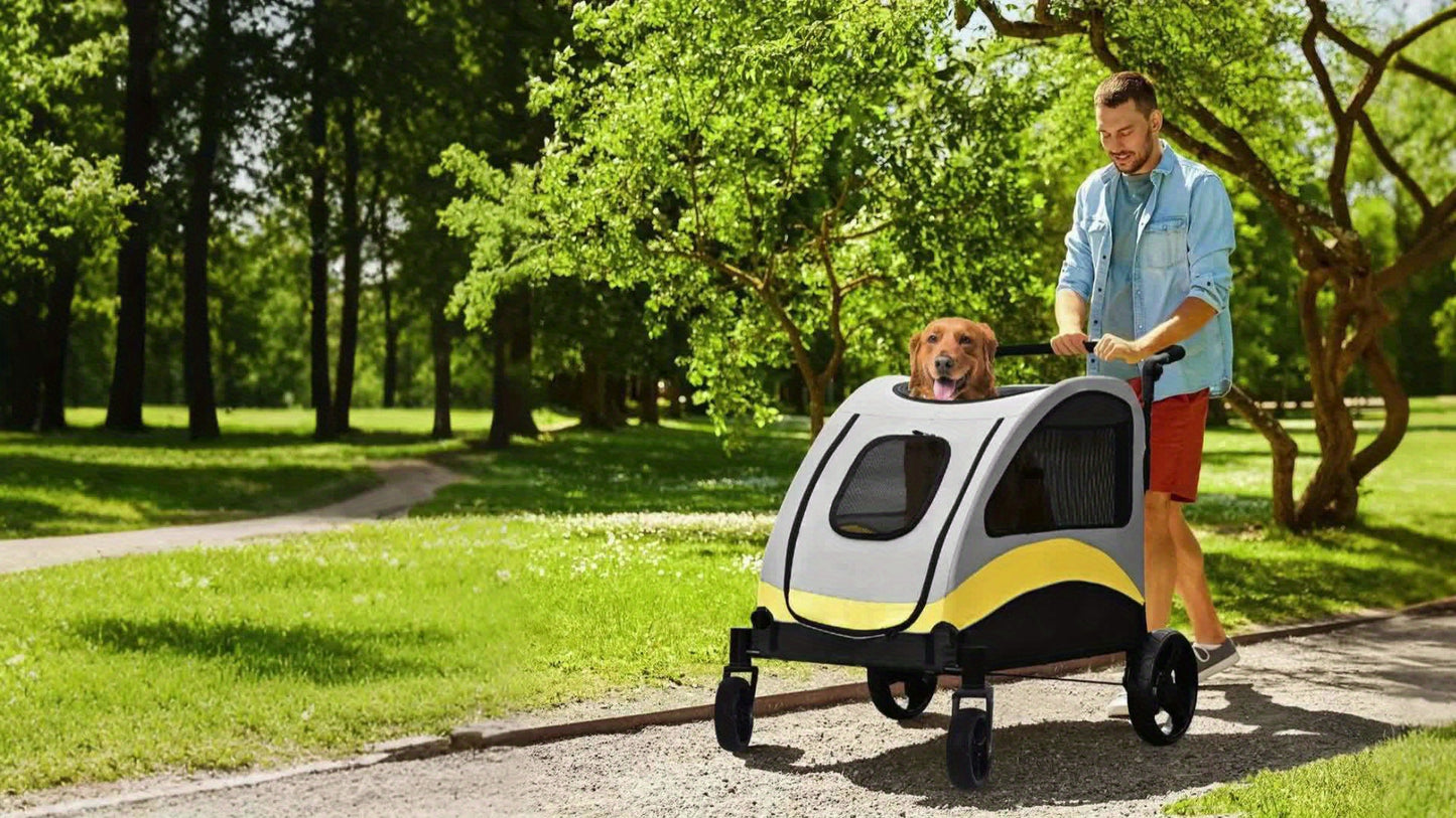 Poussette pour chien pliante XXL à 4 roues, très grande poussette avec séparateur amovible uniquement adaptée pour un grand chien, poussette de voyage pour animal de compagnie, jogging pour chien, poussette de voyage pliable en un clic, poignée réglable,