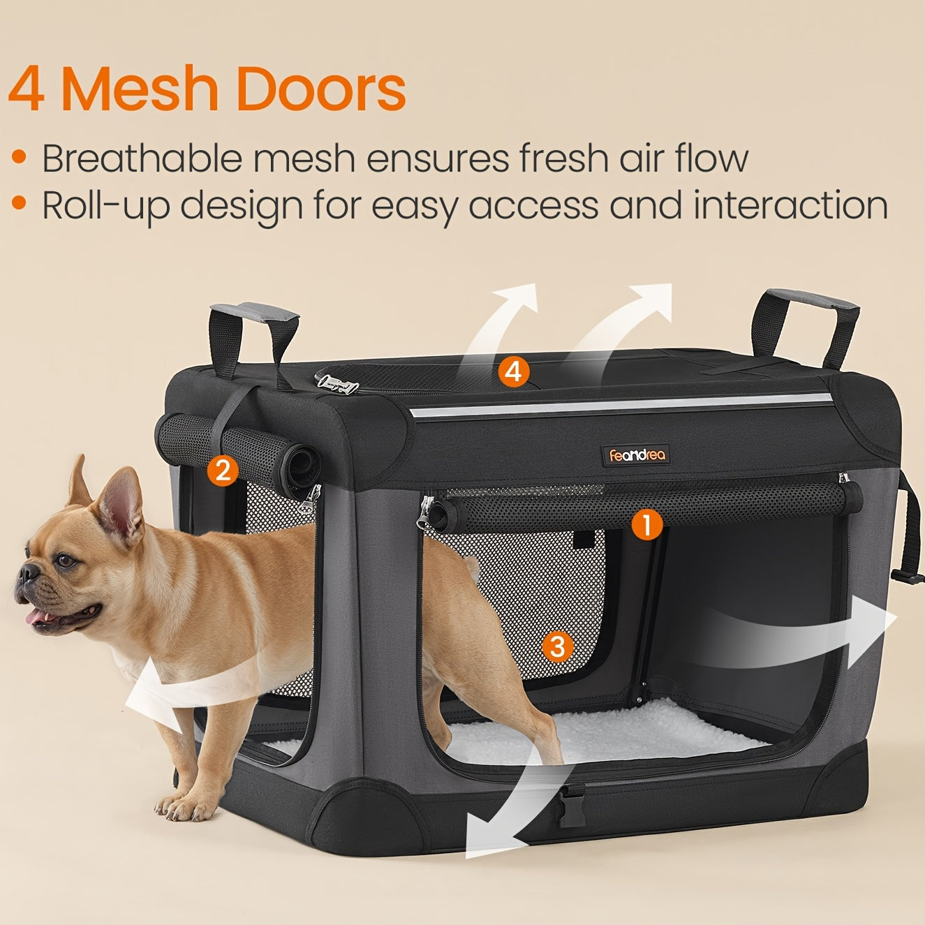 Cage Compacte pour Chien 60Cm pour Petites Races, Transporteur pour Animaux de Compagnie en Matériau Oxford avec 4 Entrées en Maille, Poignées de Transport et Poches pour Bouteilles d'Alimentation et d'Eau