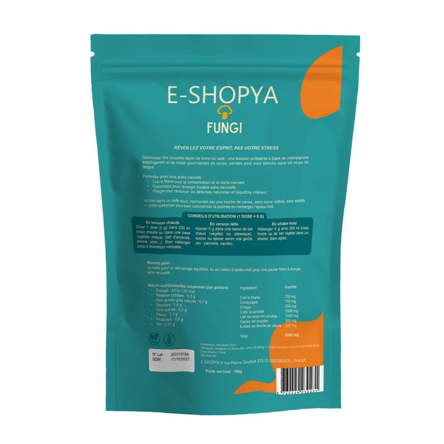 Fungi – Champignons adaptogènes (Cordyceps, Chaga, Lion’s Mane) – Saveur café, note de cacao - Naturellement sucré - stable & goût intense