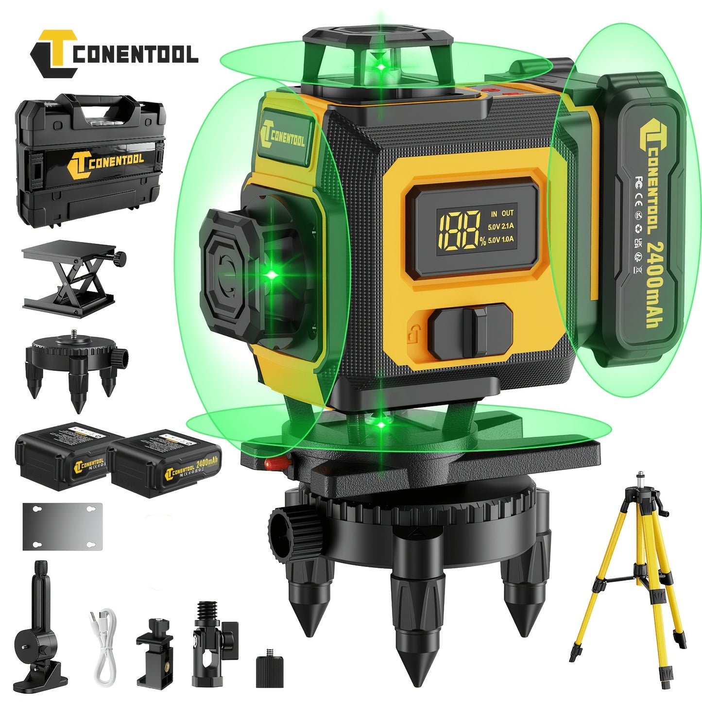 Niveau laser autodresseur 4D professionnel Conentool avec ou sans trépied robuste et barre d'extension, projecteur de lignes horizontales/verticales 16 lignes, options batterie/affichage LCD, base rotative 360° adapté au bricolage et à la rénovation