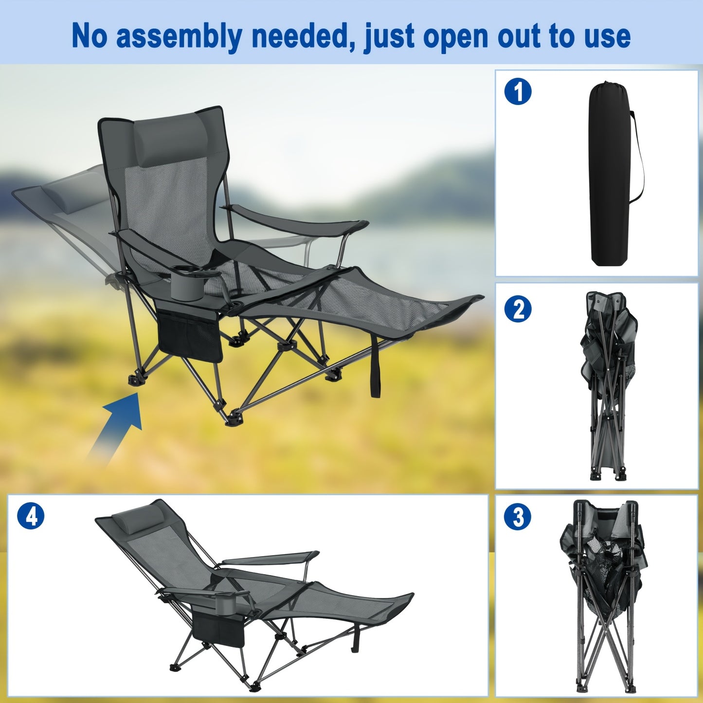 1pc Chaise de camping pliable et portable, chaise de pêche d'extérieur légère, dossier à grille pour la ventilation, repose-pieds amovible, dossier réglable, grille latérale pour ranger les gobelets d'eau, matériau en tissu Oxford, tube métallique épais d