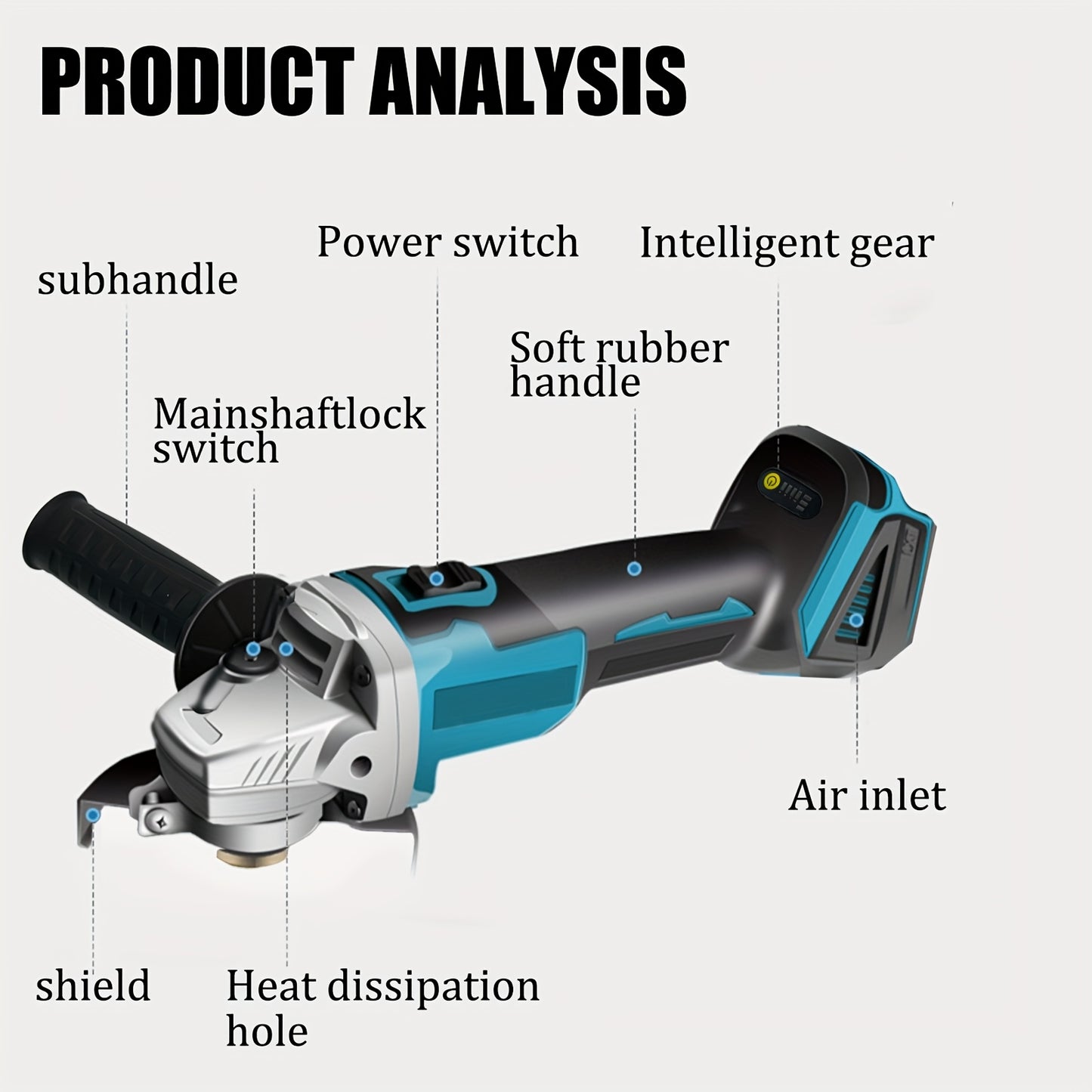 Meuleuse d'angle sans fil 125MM, machine de meulage sans balais compatible avec batterie Makita 18V, 11000RPM, batterie 5000mAh, poignée auxiliaire à 2 positions & disques 1/2'', meuleuse d'angle électrique pour meuler et polir
