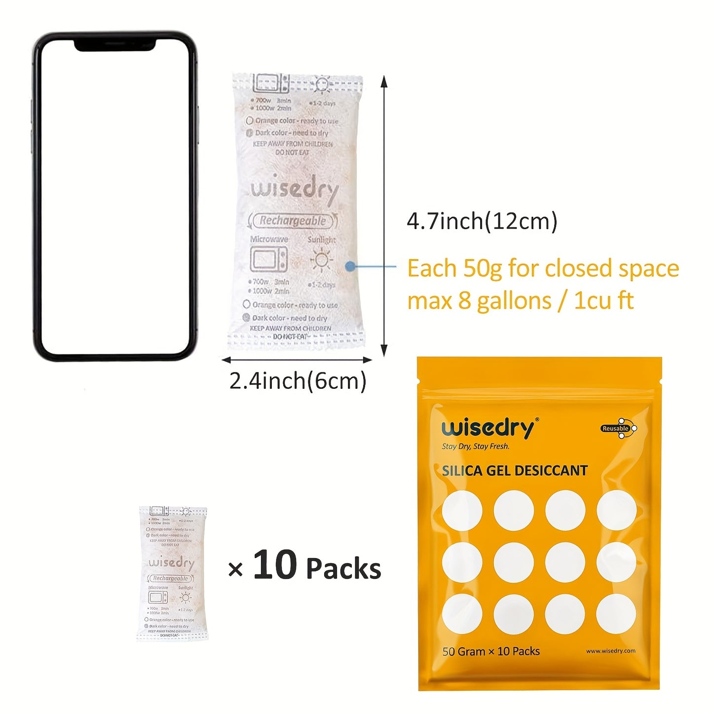 Lot de sachets déshydratants réutilisables Wisedry 5g 10g 50g, emballés individuellement, double couche scellée