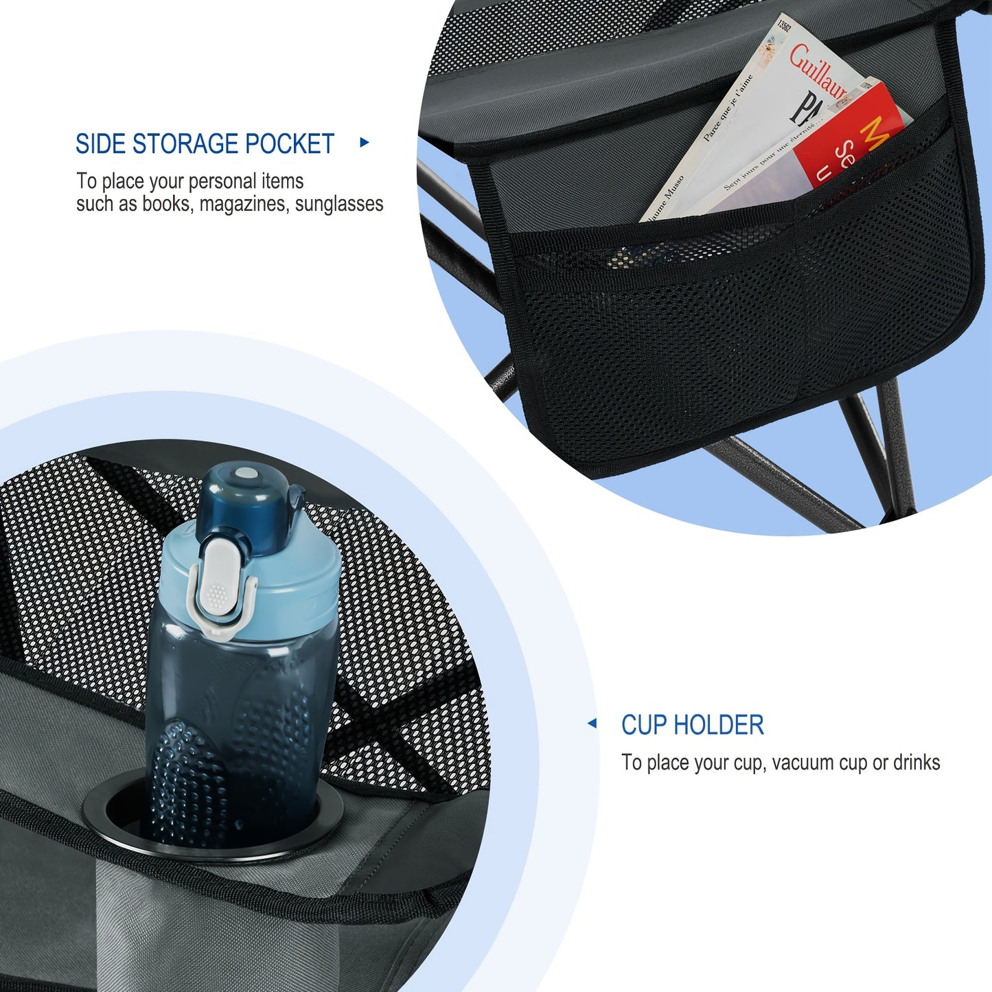 1pc Chaise de camping pliable et portable, chaise de pêche d'extérieur légère, dossier à grille pour la ventilation, repose-pieds amovible, dossier réglable, grille latérale pour ranger les gobelets d'eau, matériau en tissu Oxford, tube métallique épais d