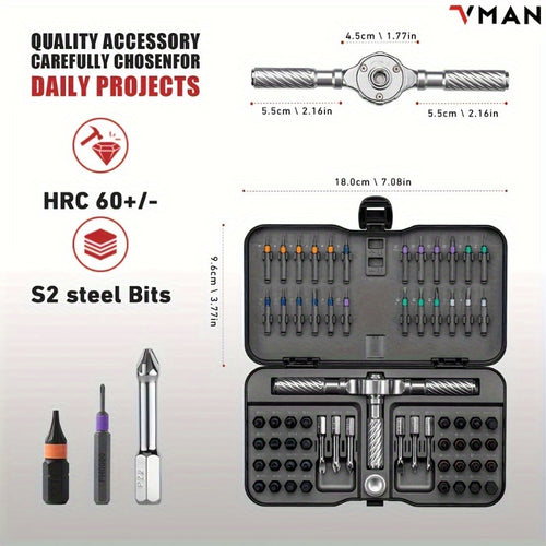 Un kit de tournevis à cliquet 66-en-1 avec 62 embouts magnétiques. Ce ensemble portable comprend une poignée multifonctionnelle avec un aimantateur et un capuchon rotatif, ce qui le rend idéal pour les appareils de précision comme les montres, les lunette