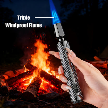 Briquet en métal, design luxueux à tube long à carreaux, poli, coupe-vent, rechargeable au butane, réglable, triple flamme bleue à jet avec réservoir visible, en alliage de zinc, plus facile à utiliser pour le camping, le barbecue, les bougies (sans gaz b