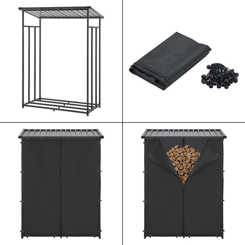 Porte-Bois de Chauffage Extérieur Yakutat avec Couverture, Support en Métal pour Bois de Chauffage, Étagère à Bûches et Aide à Empiler – Noir