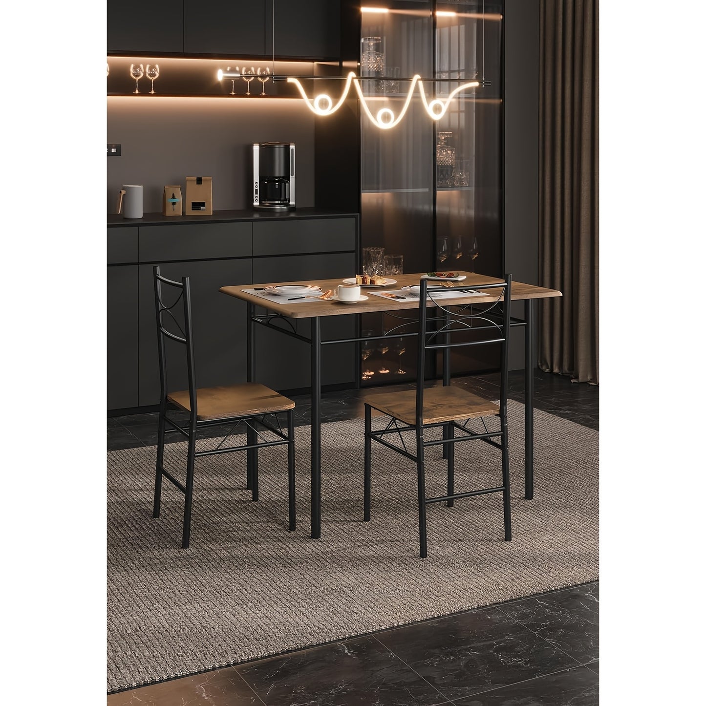 Table à manger, quatre chaises, table à manger pour quatre personnes, salle à manger, salle à manger de cuisine, table de salle à manger de cuisine, cadre en métal, MDF, marron vintage et argenté.